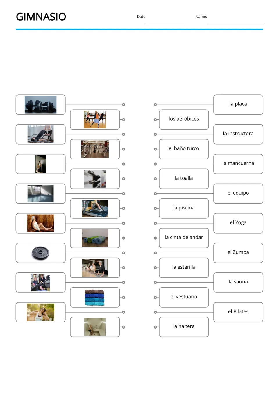 Spanish gym picture-to-word matching for 16 terms, including la toalla (towel) and la esterilla (mat)