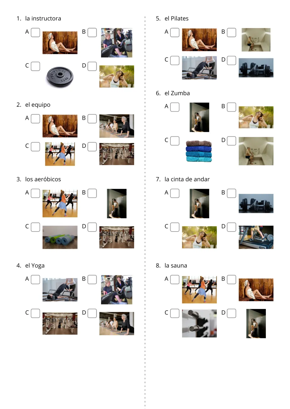 Spanish gym multiple-choice items 1–8 ask students to match words such as la sauna (sauna) to photos