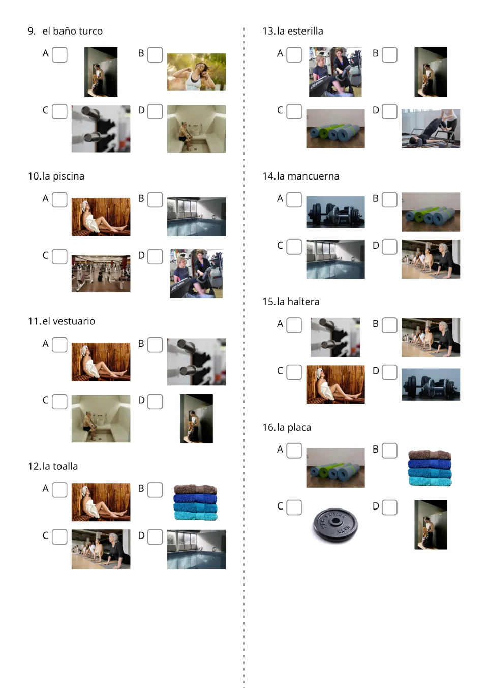Spanish gym multiple-choice items 9–16 pair word prompts with photo choices, including la piscina (pool)