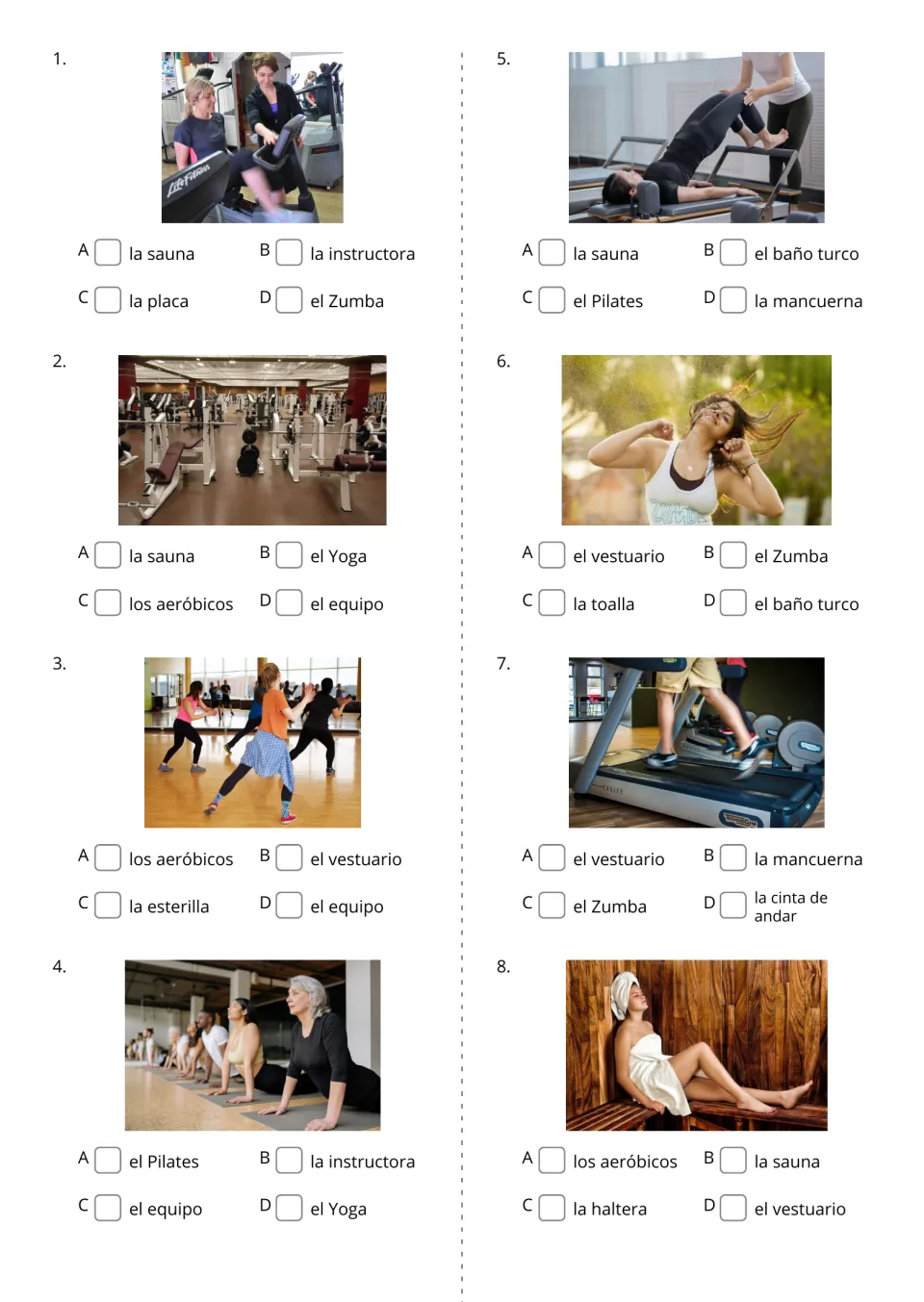 Spanish gym multiple-choice items 1–8 use photo prompts and word choices, including la instructora (instructor)