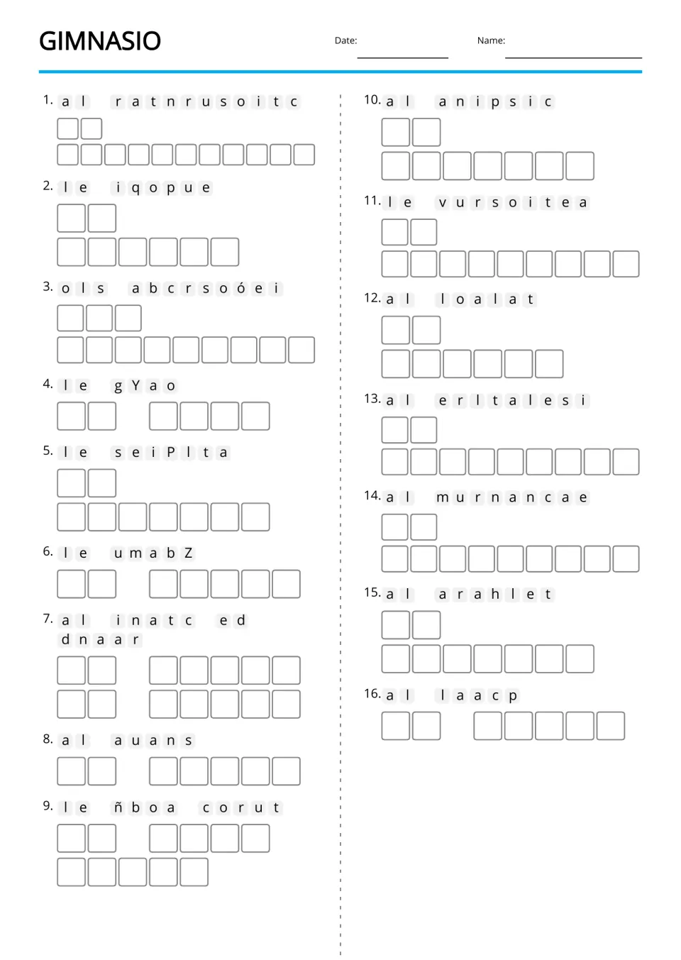 Spanish gym anagrams without picture clues cover 16 terms, including el vestuario (locker room) and el Yoga (yoga)