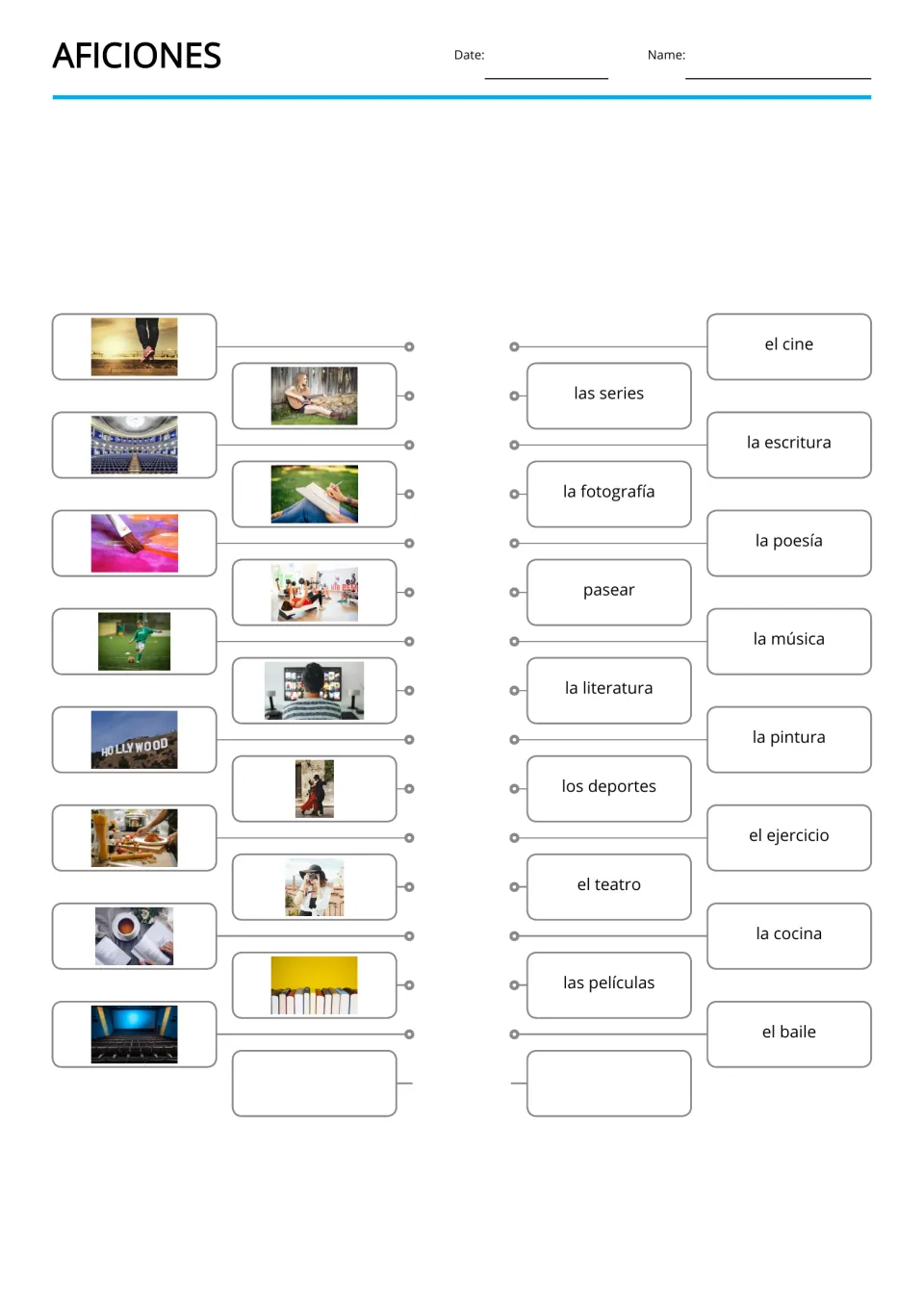 Spanish hobbies picture-to-word matching for 15 photos, including la cocina (cooking) and el baile (dance)