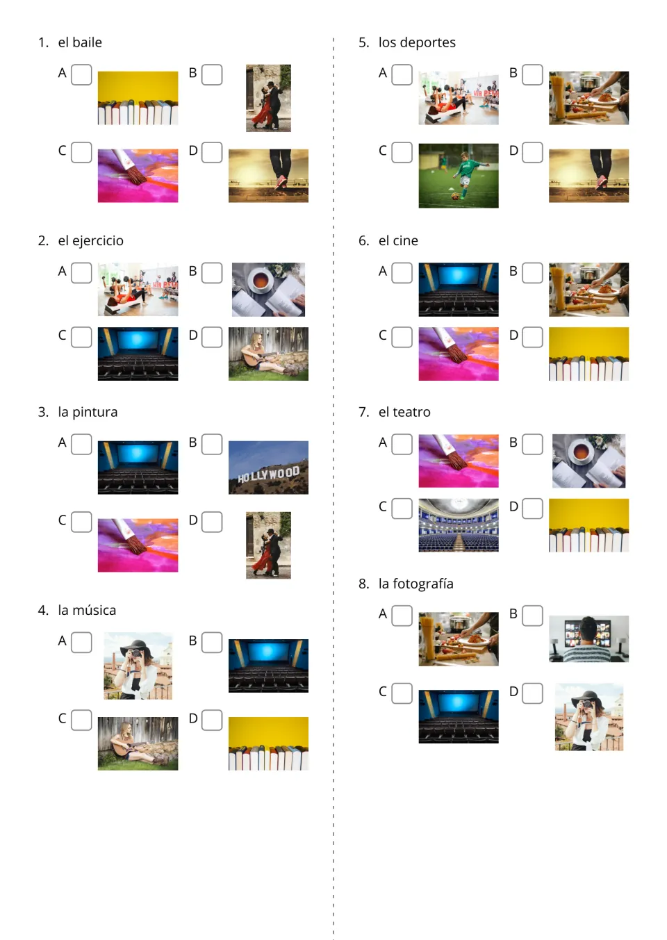 Spanish hobbies questions 1–8 ask students to select photos for el baile (dance), el ejercicio (exercise) and more