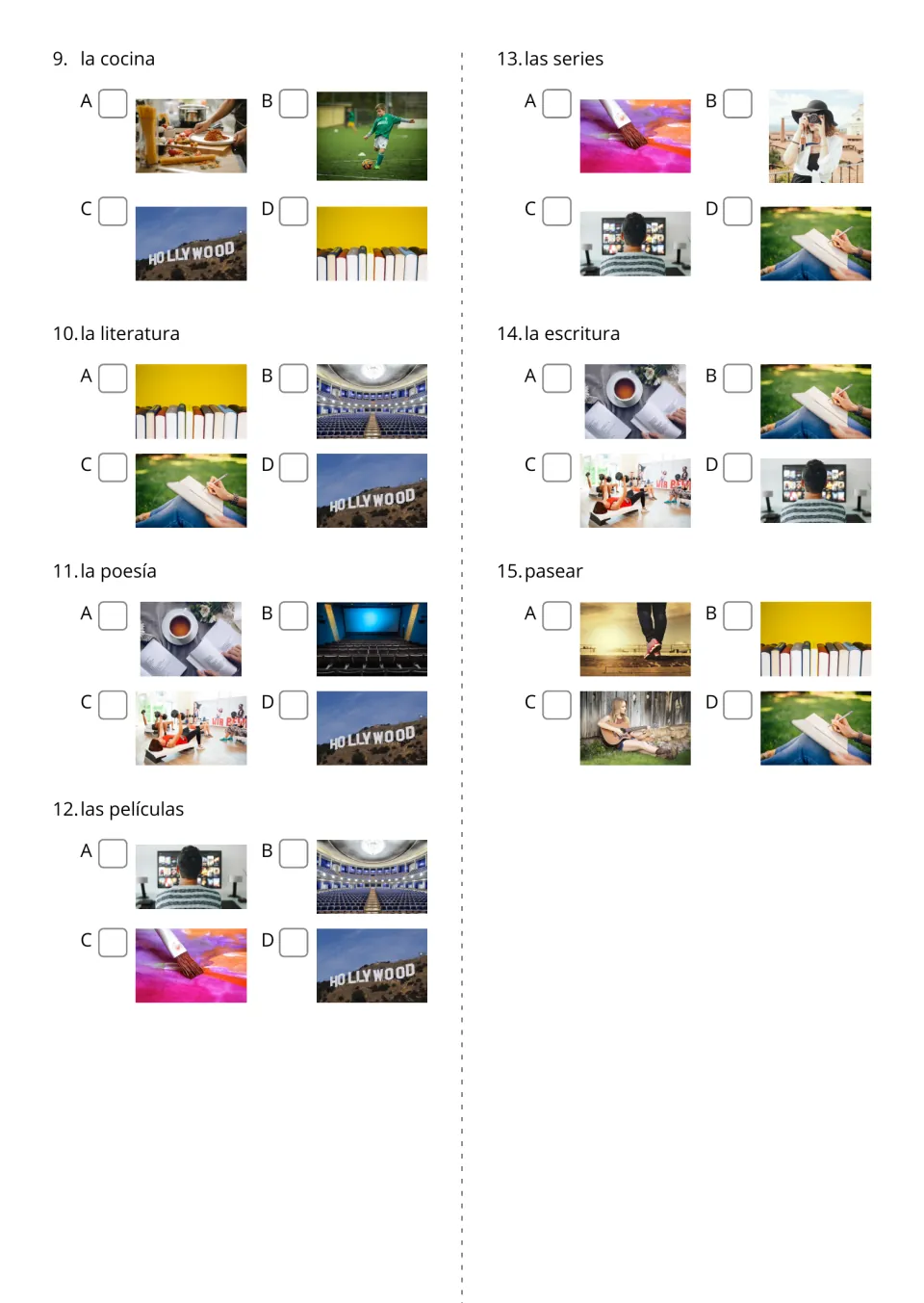 Spanish hobbies questions 9–15 ask students to select photos for la cocina (cooking), la poesía (poetry) and more