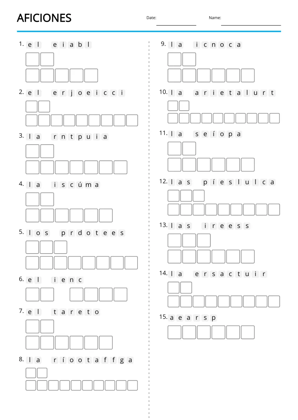 Text-only Spanish hobbies anagrams for 15 terms, including el teatro (theater) and la fotografía (photography)