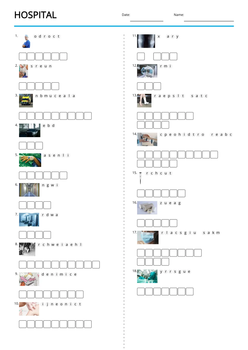 Picture-supported hospital anagrams for 18 terms, including doctor, nurse, ambulance, bed, and saline