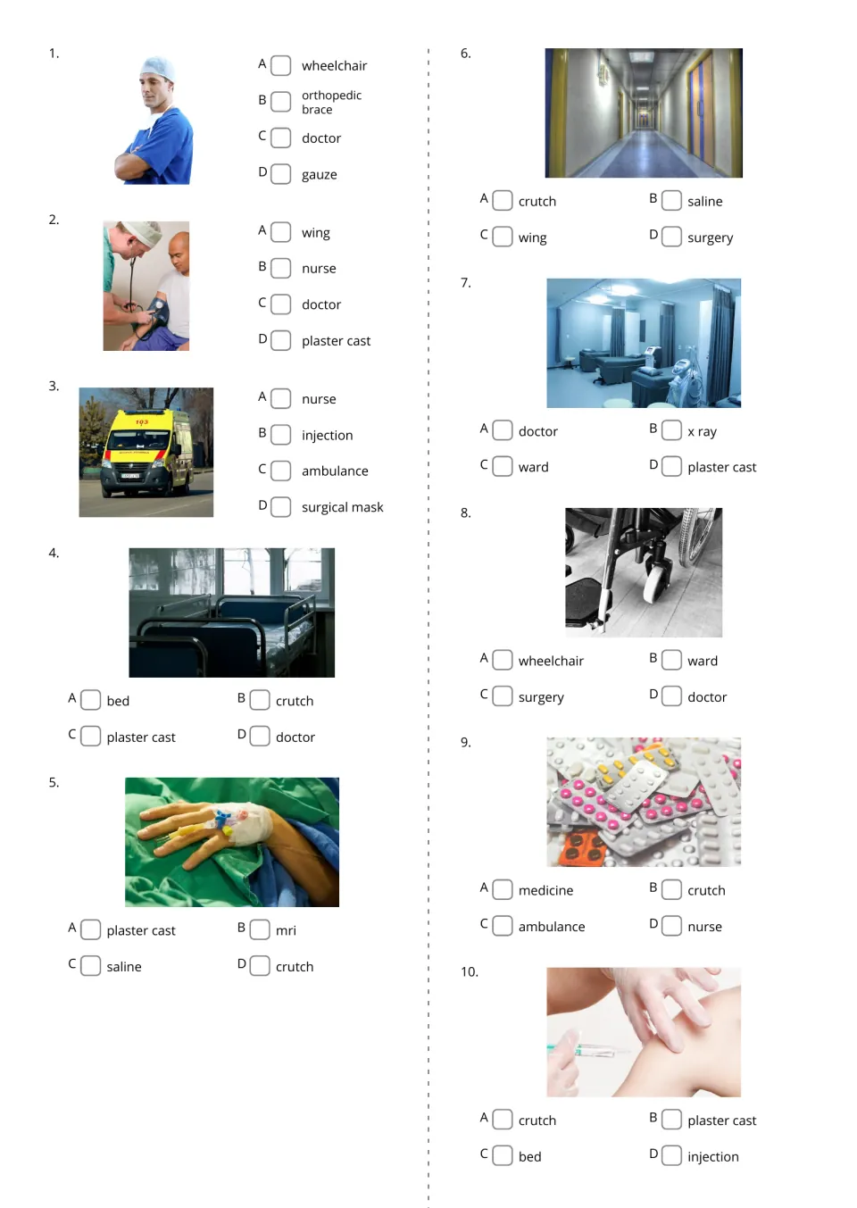 Hospital photo questions 1–10 ask students to choose words for doctor, nurse, ambulance, and seven more
