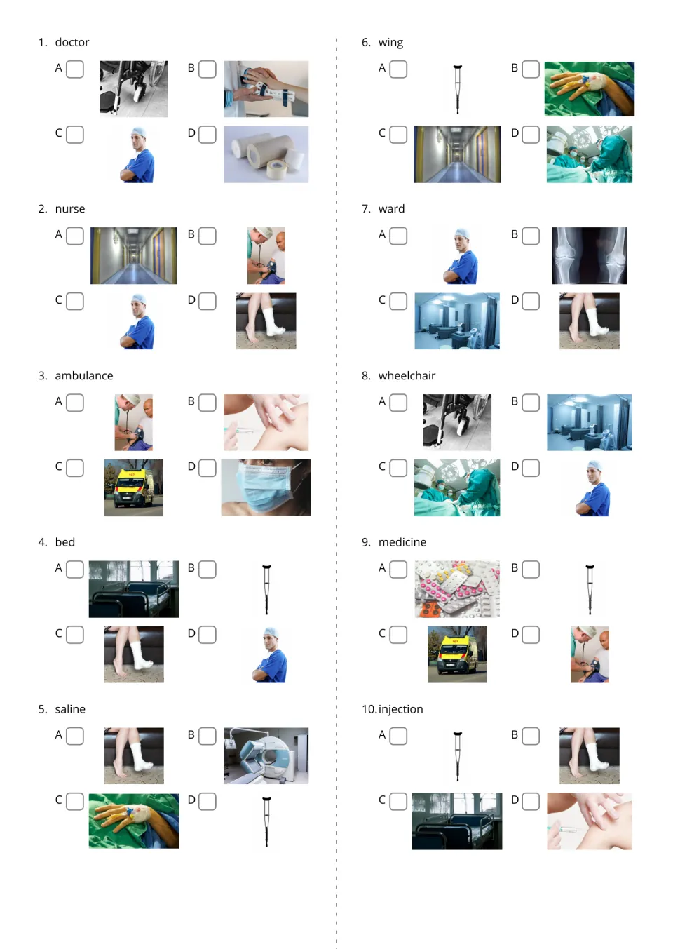 Hospital vocabulary questions 1–10 ask students to choose photos for doctor, nurse, bed, and seven more