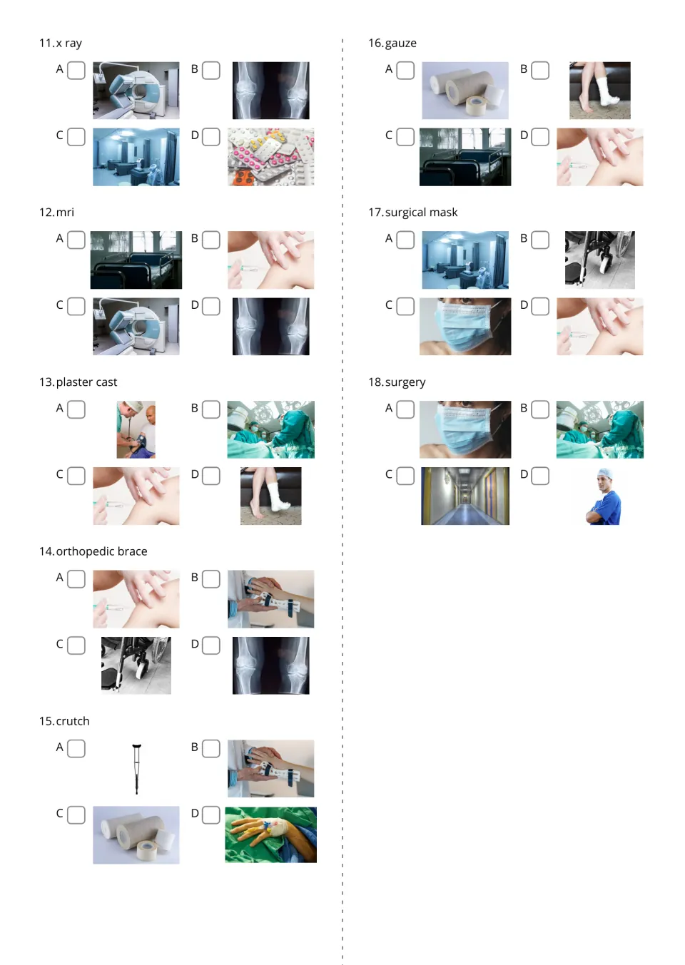 Hospital vocabulary questions 11–18 ask students to choose photos for X-ray, MRI, crutch, and five more