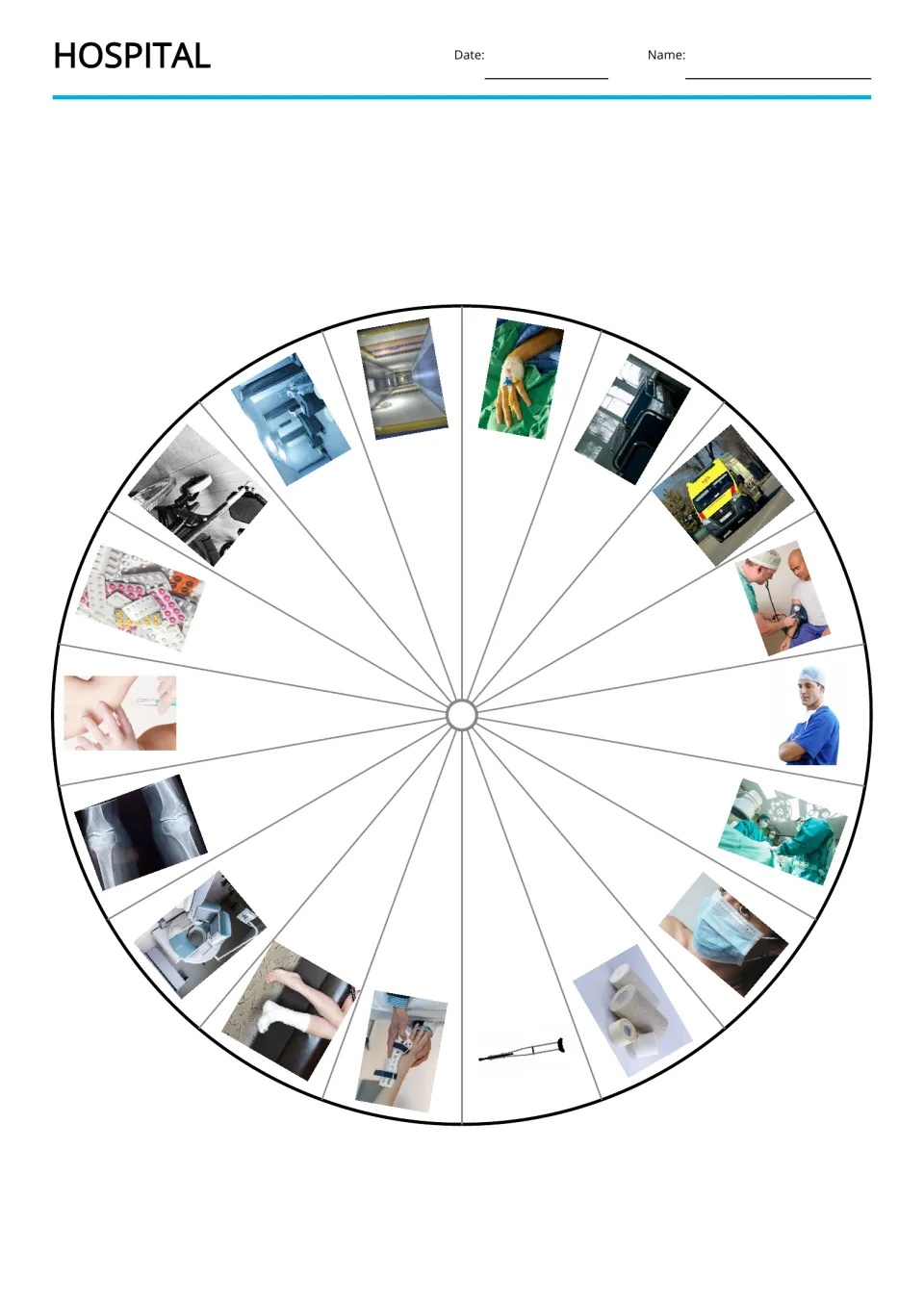 Hospital vocabulary picture wheel featuring all 18 terms, including bed, ambulance, doctor, and surgery