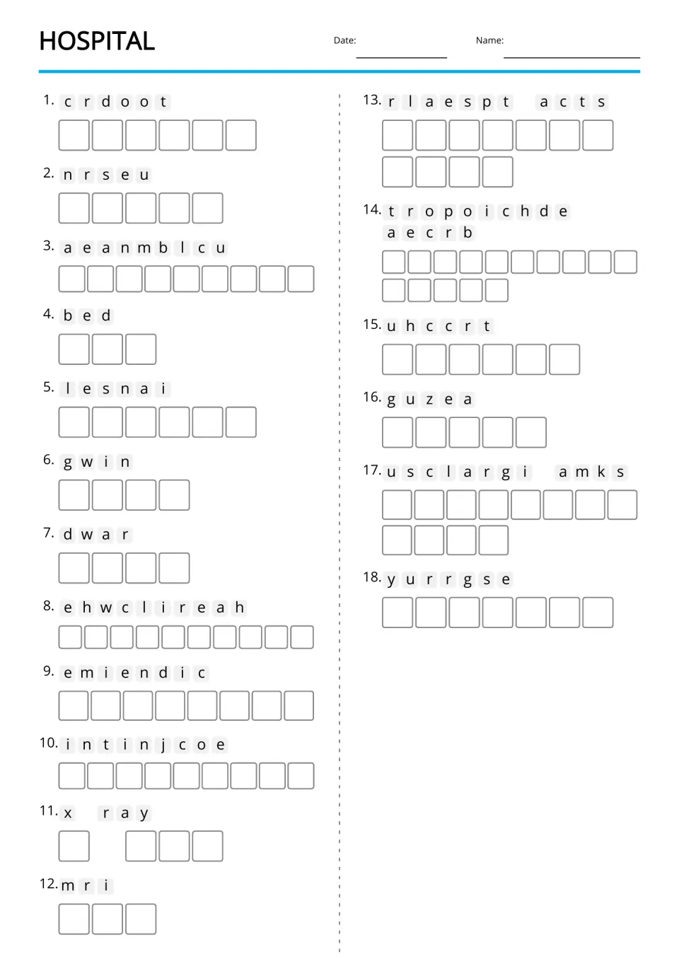Hospital anagram practice without picture clues covers 18 terms, including doctor, nurse, and ambulance
