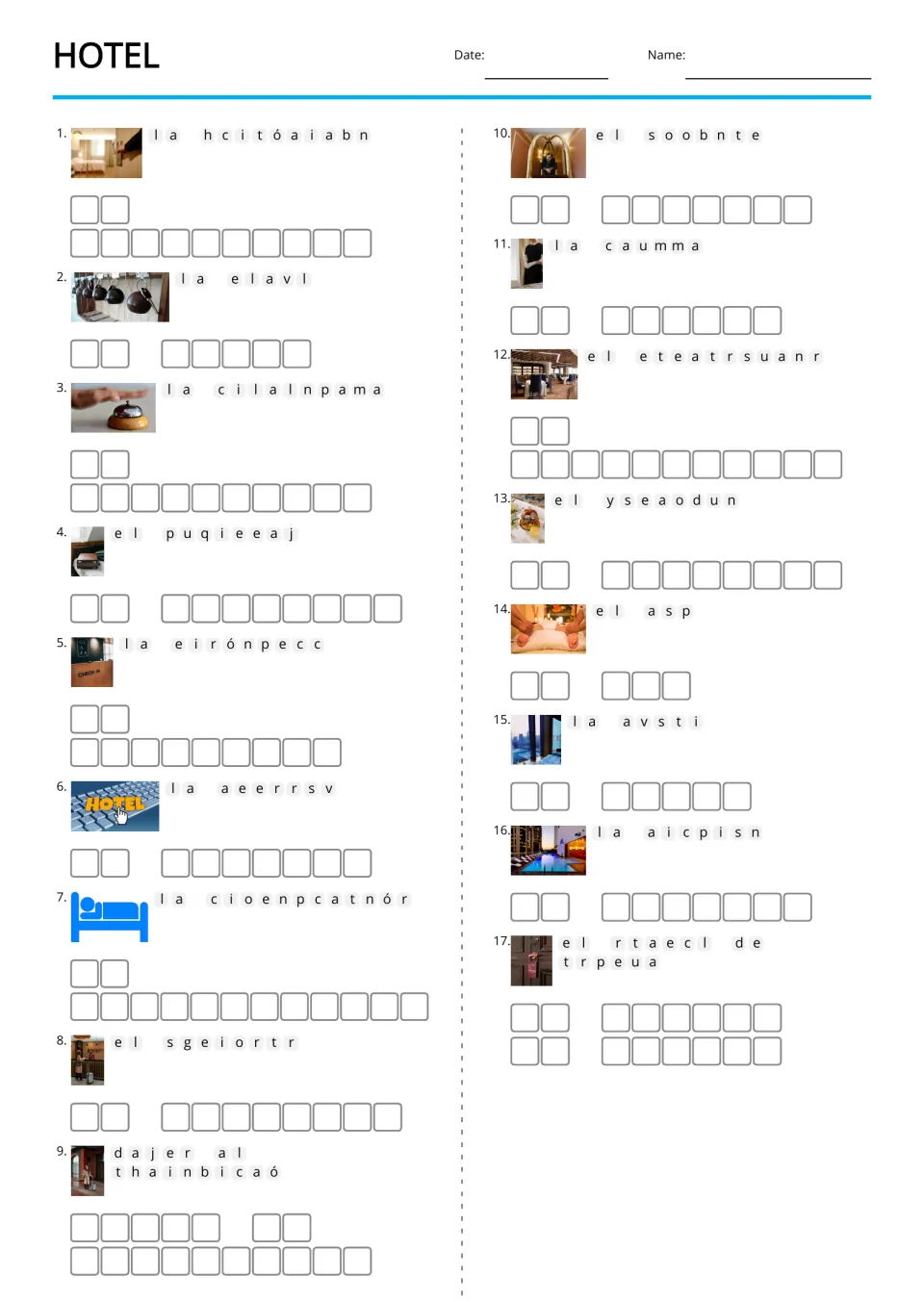 Picture-supported Spanish hotel anagrams for 17 terms, including la habitación (room) and la llave (key)