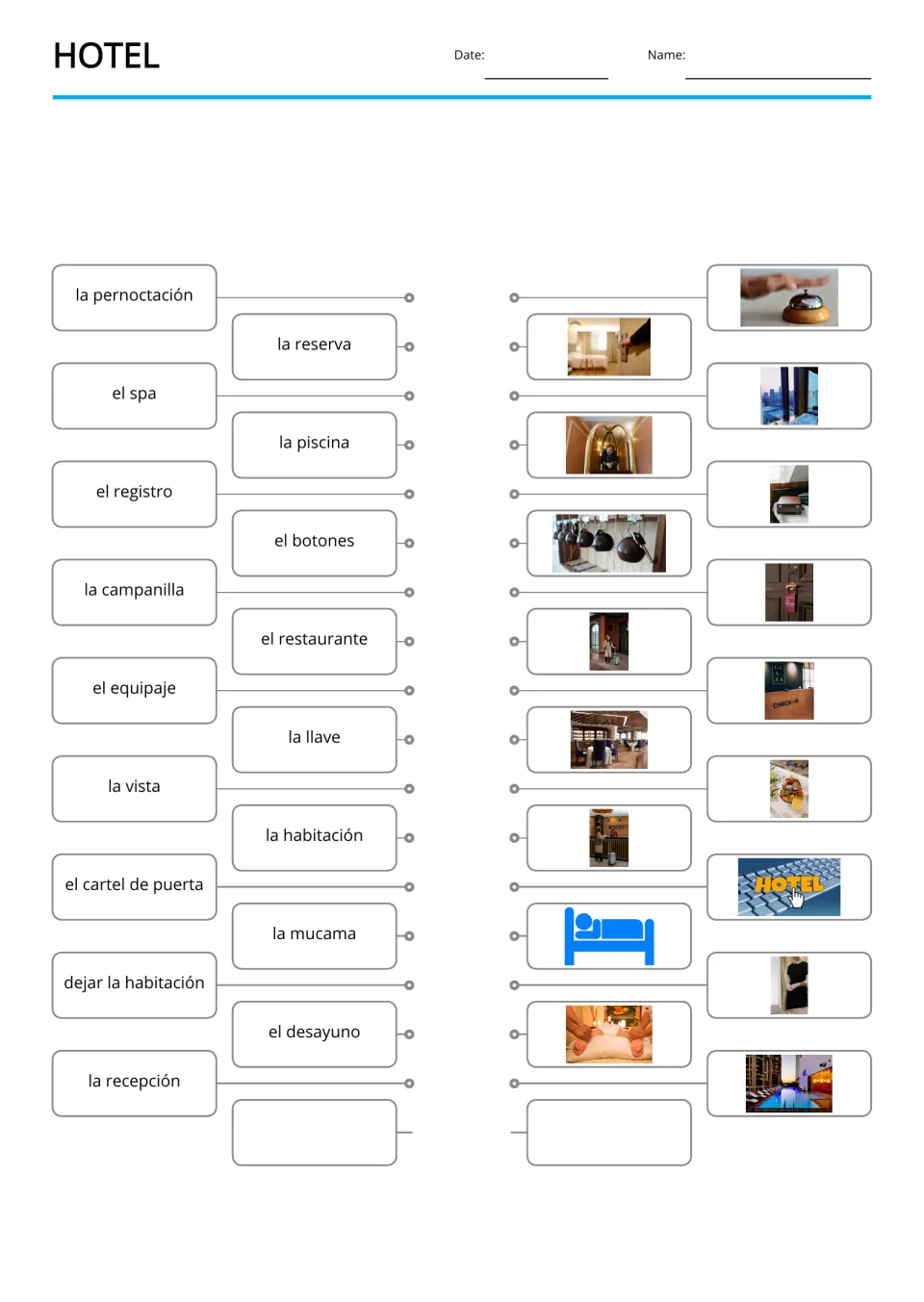 Spanish hotel word-to-picture matching for 17 terms, including el spa (spa) and la piscina (pool)