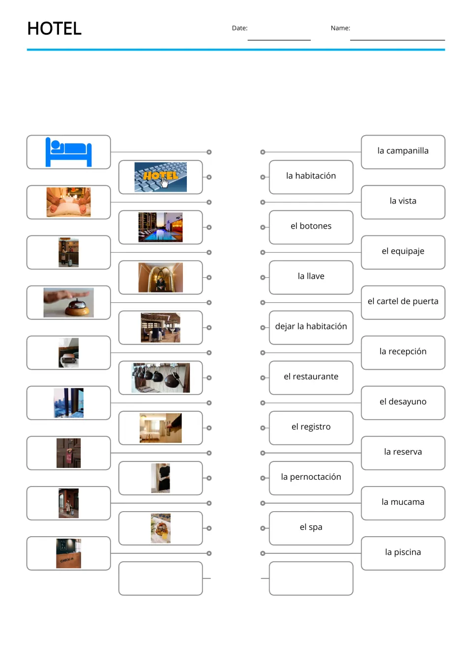 Spanish hotel picture-to-word matching for 17 terms, including la vista (view) and el desayuno (breakfast)