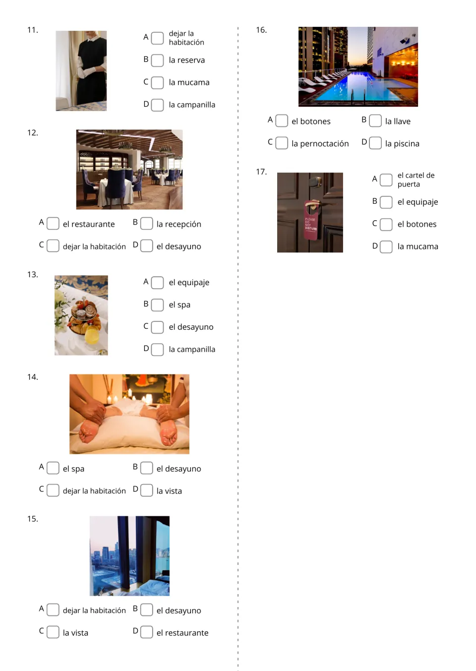 Spanish hotel multiple-choice items 11–17 pair pictures with four terms, including la piscina (pool)