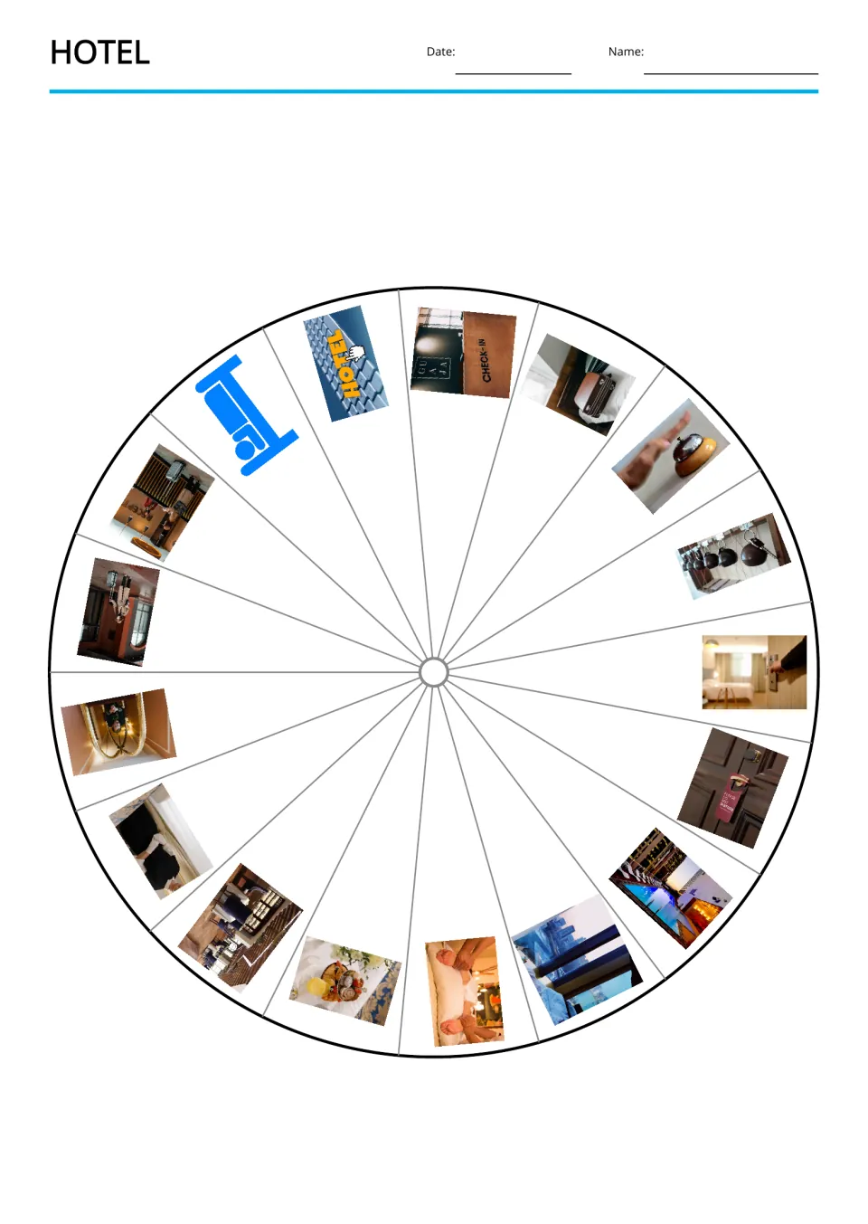 Hotel vocabulary picture wheel shows all 17 prompts, including a room, keys, luggage, a bell, and a pool