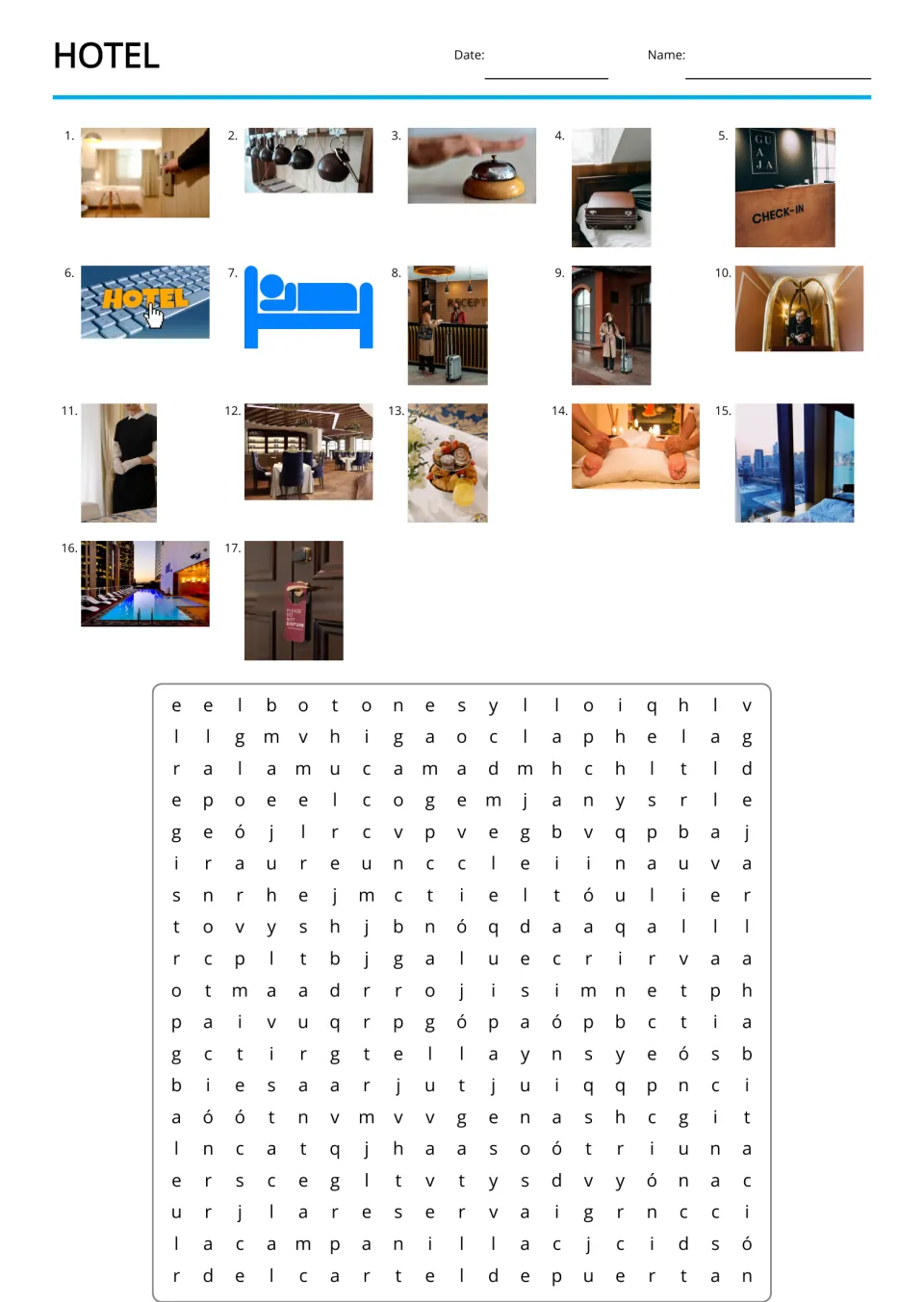 Spanish hotel word search uses 17 numbered picture clues, including a bell for la campanilla (bell)