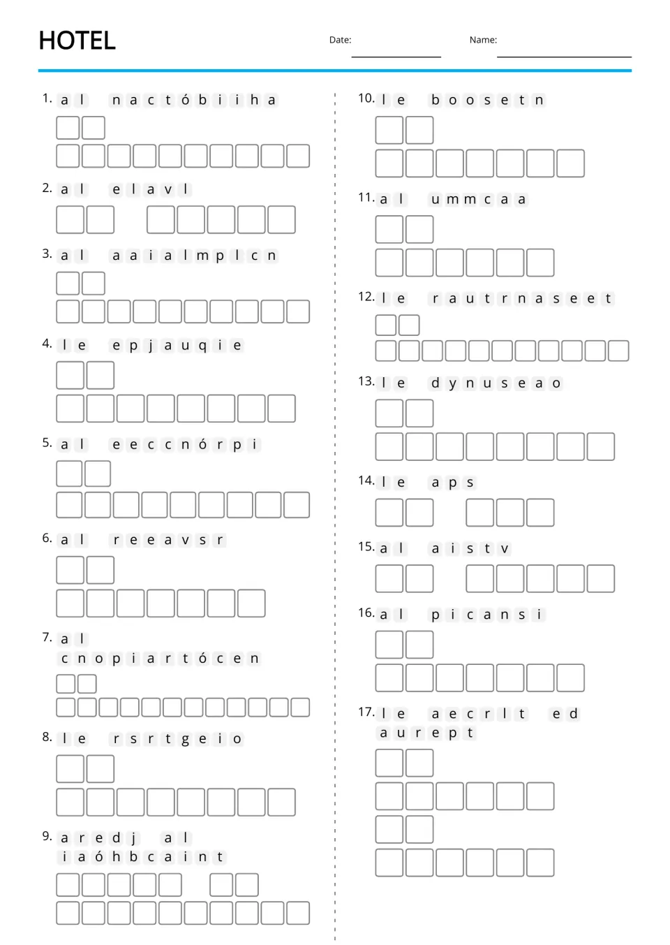 Spanish hotel anagrams without picture clues cover 17 terms, including la reserva (reservation) and el spa (spa)