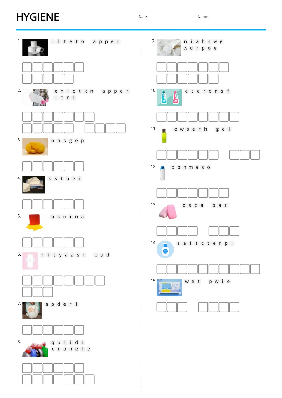 Picture-supported hygiene anagrams for 15 terms, including toilet paper, sponge, tissue, and shampoo