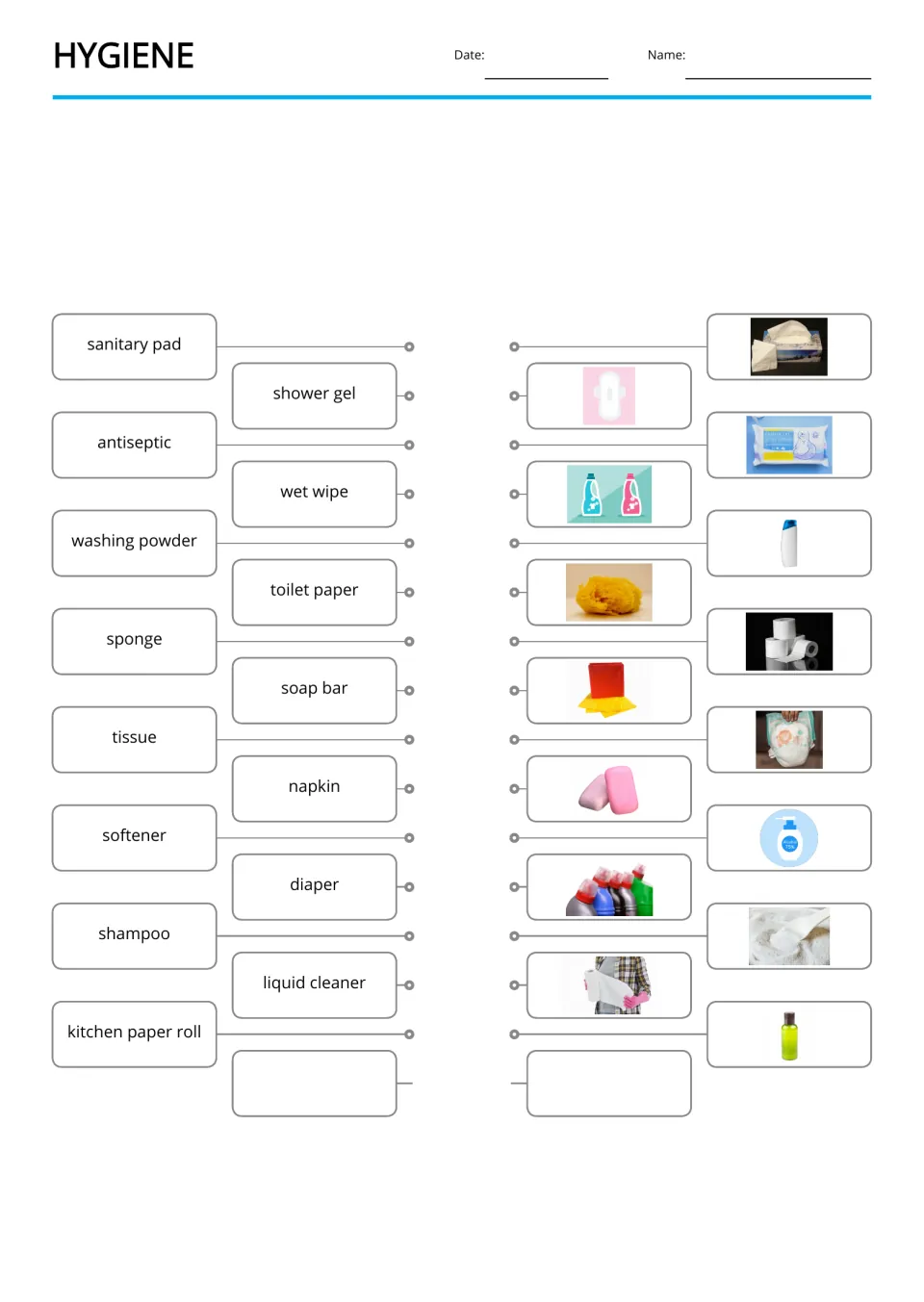 Hygiene word-to-picture matching for 15 terms, including sanitary pad, shower gel, wet wipe, and tissue