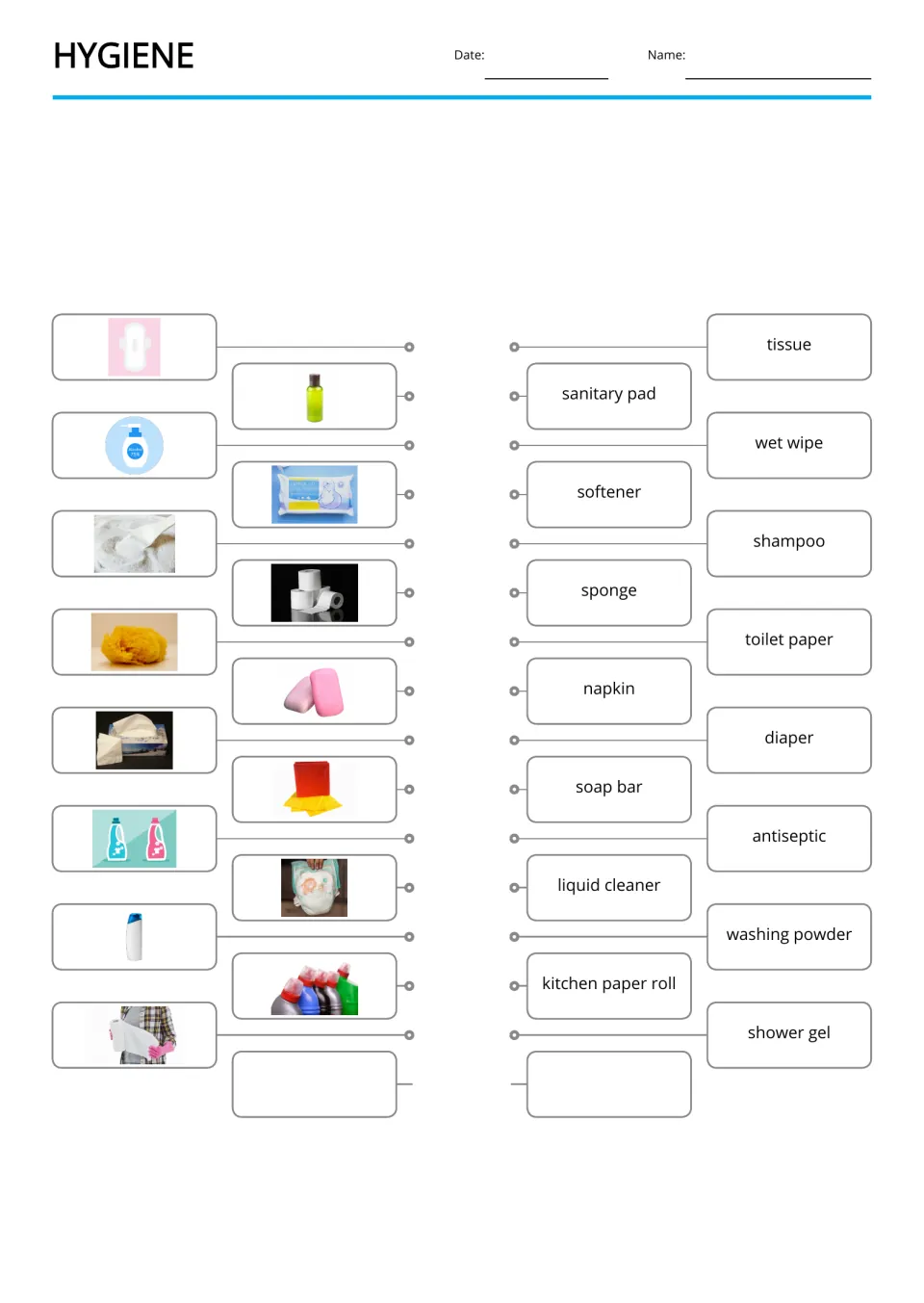 Hygiene picture-to-word matching for 15 items, including sponge, soap bar, diaper, and washing powder