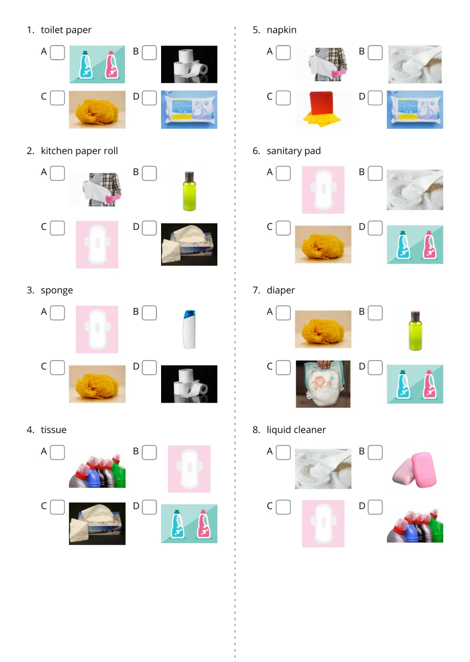 Hygiene word questions 1–8 offer picture choices for toilet paper, kitchen paper roll, and six more