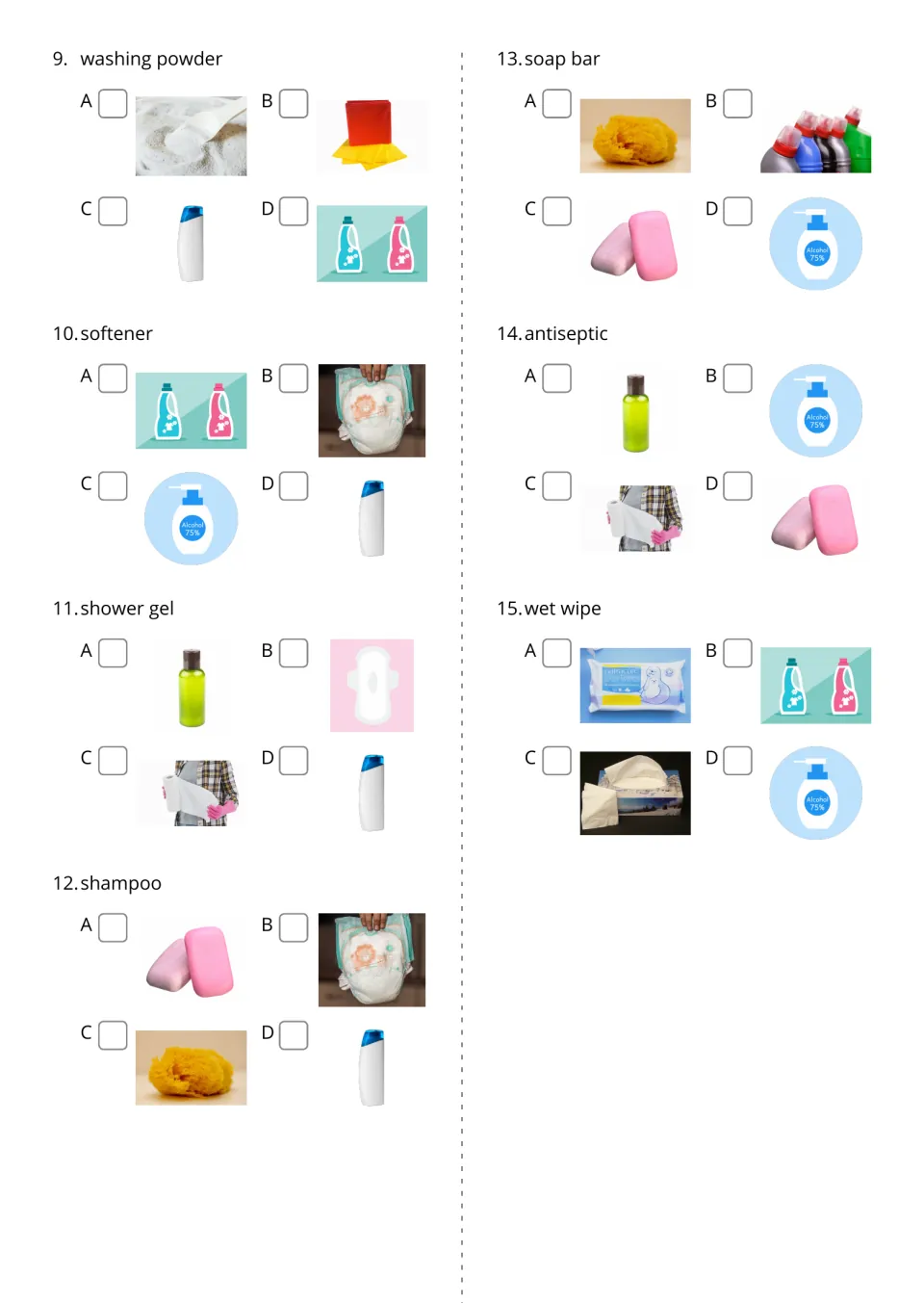 Hygiene word questions 9–15 offer picture choices for washing powder, softener, shower gel, and more