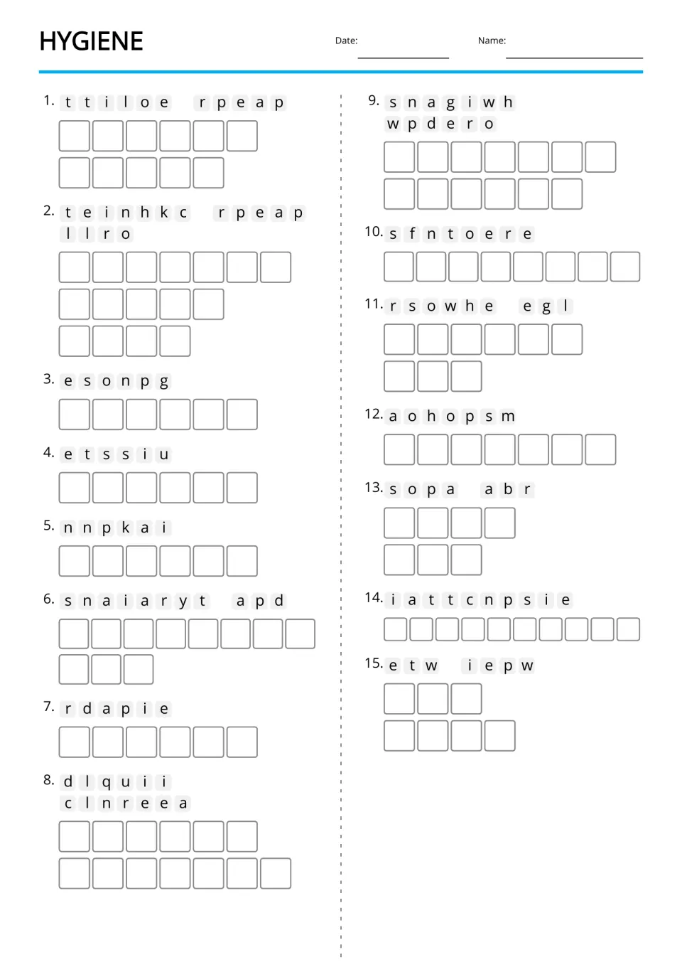 Text-only hygiene anagrams cover 15 terms, including toilet paper, kitchen paper roll, sponge, and tissue