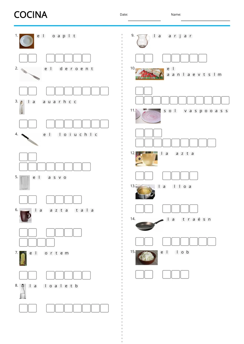Picture-supported Spanish kitchen anagrams for 15 terms, including el plato (plate) and el tenedor (fork)