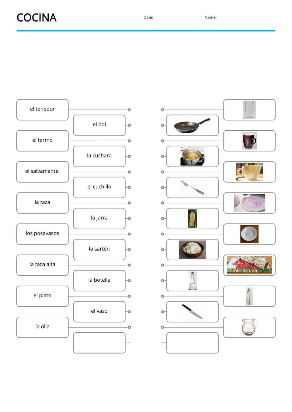 Spanish kitchen word-to-picture matching for 15 terms, including la cuchara (spoon) and la jarra (pitcher)