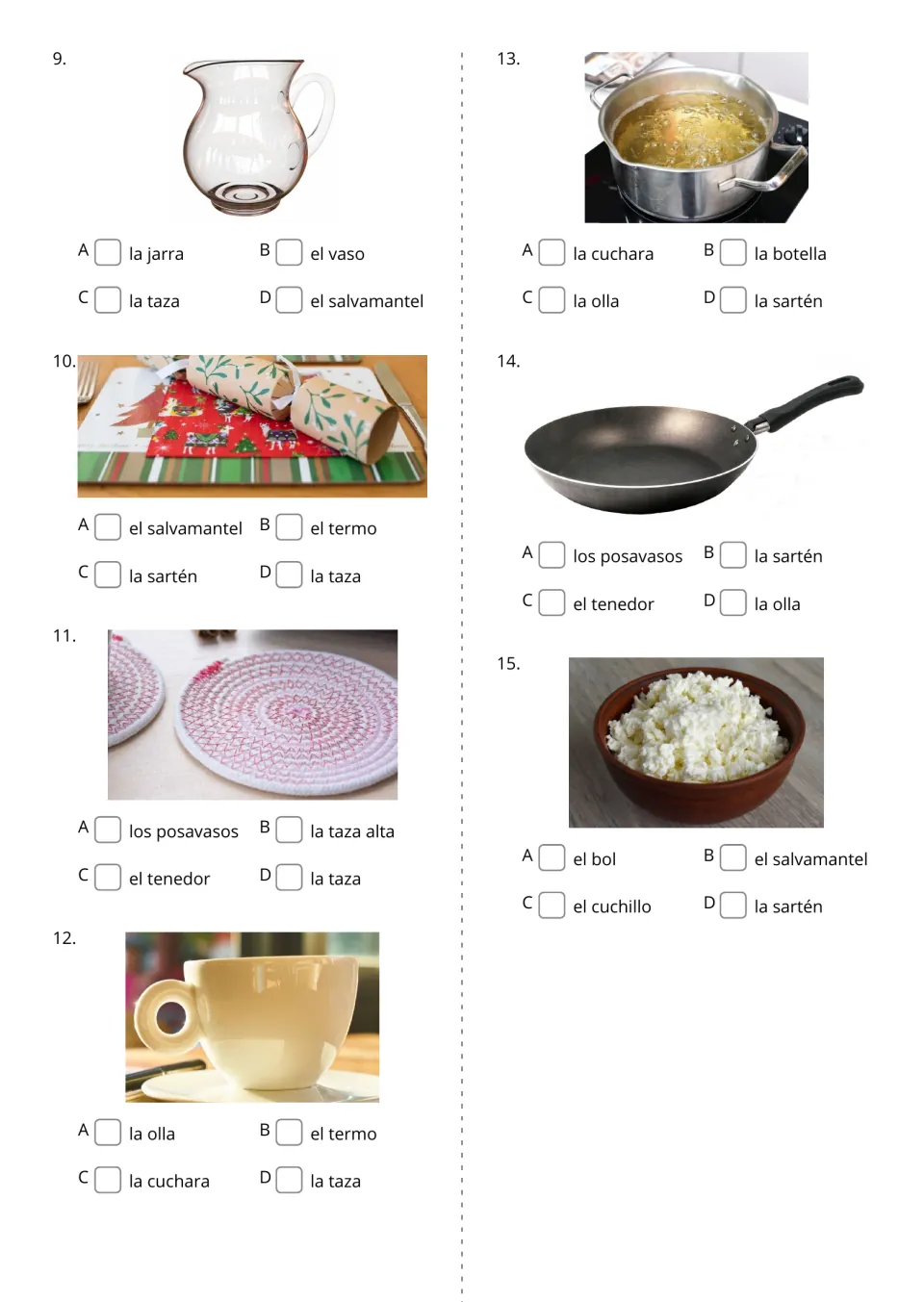 Spanish kitchen word-choice questions 9–15 show pitcher, placemat, coasters, cup, pot, frying pan, and bowl