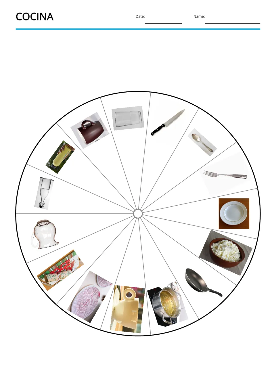 Kitchen vocabulary picture wheel showing all 15 objects, including a plate, fork, spoon, knife, and glass