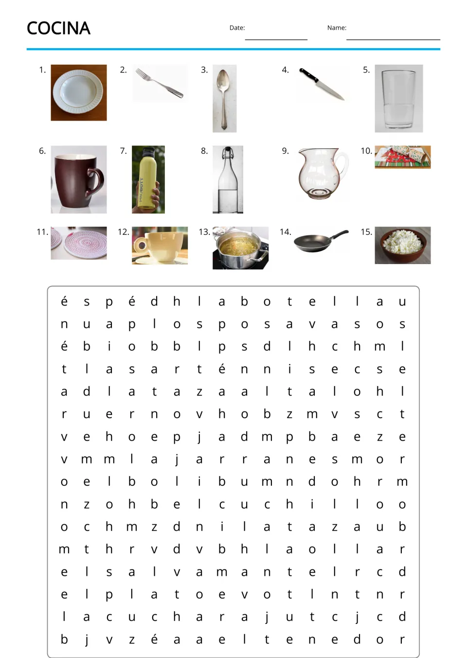 Spanish kitchen word search using 15 picture clues, including la botella (bottle) and la cuchara (spoon)
