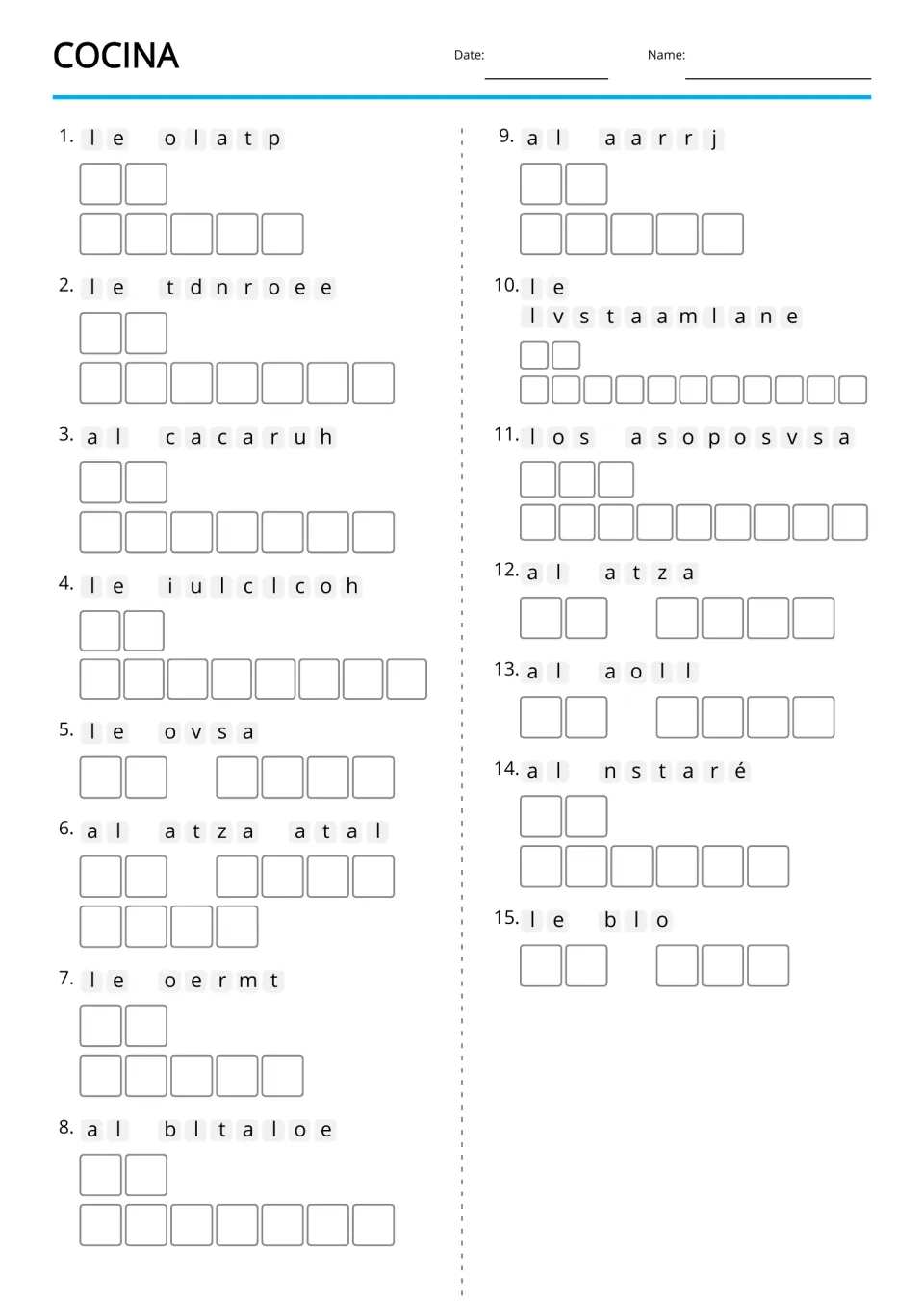 Text-only Spanish kitchen anagrams for 15 terms, including el cuchillo (knife) and los posavasos (coasters)