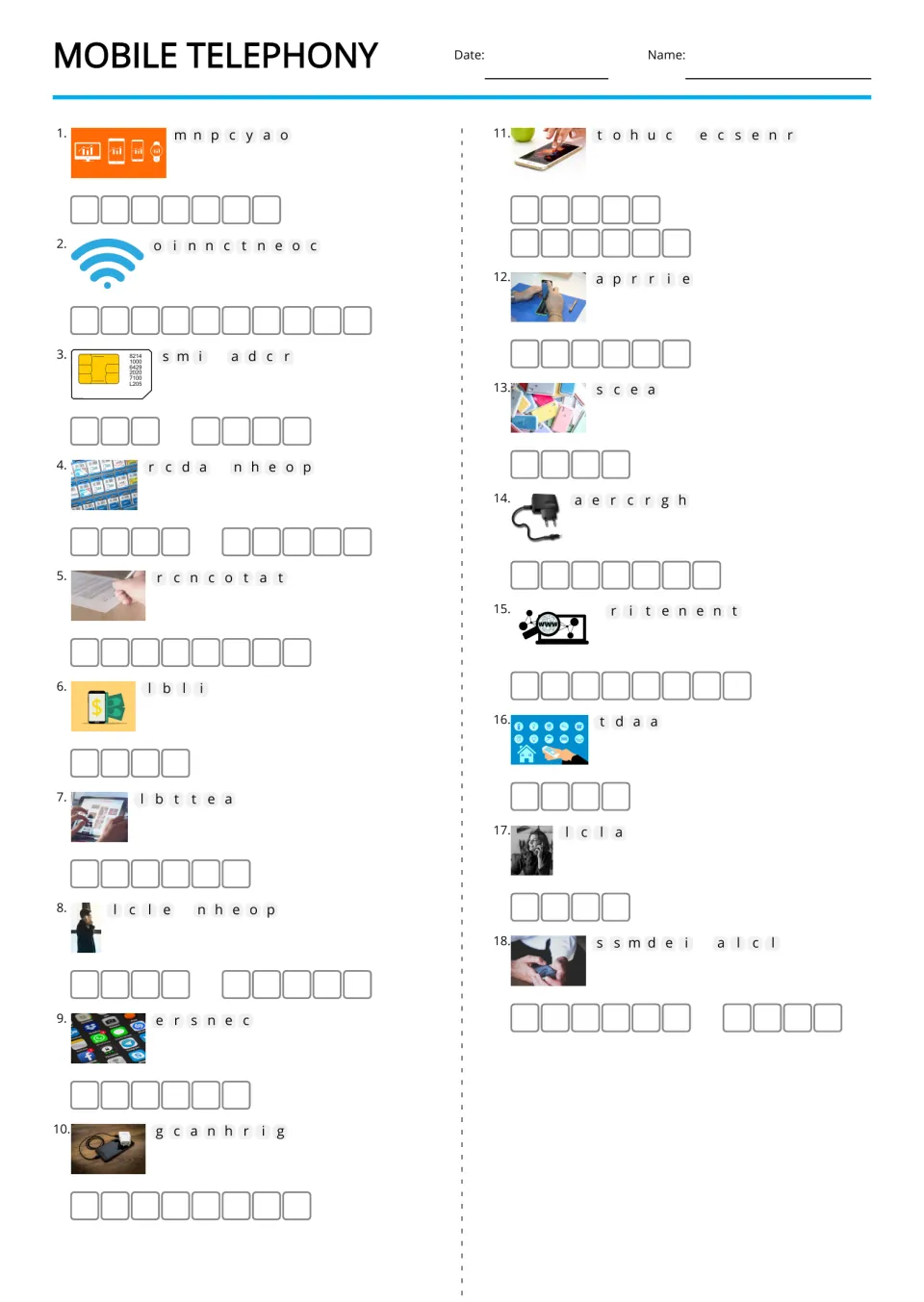 Picture-supported anagrams for 18 mobile-phone terms, including company, connection, SIM card, and charger