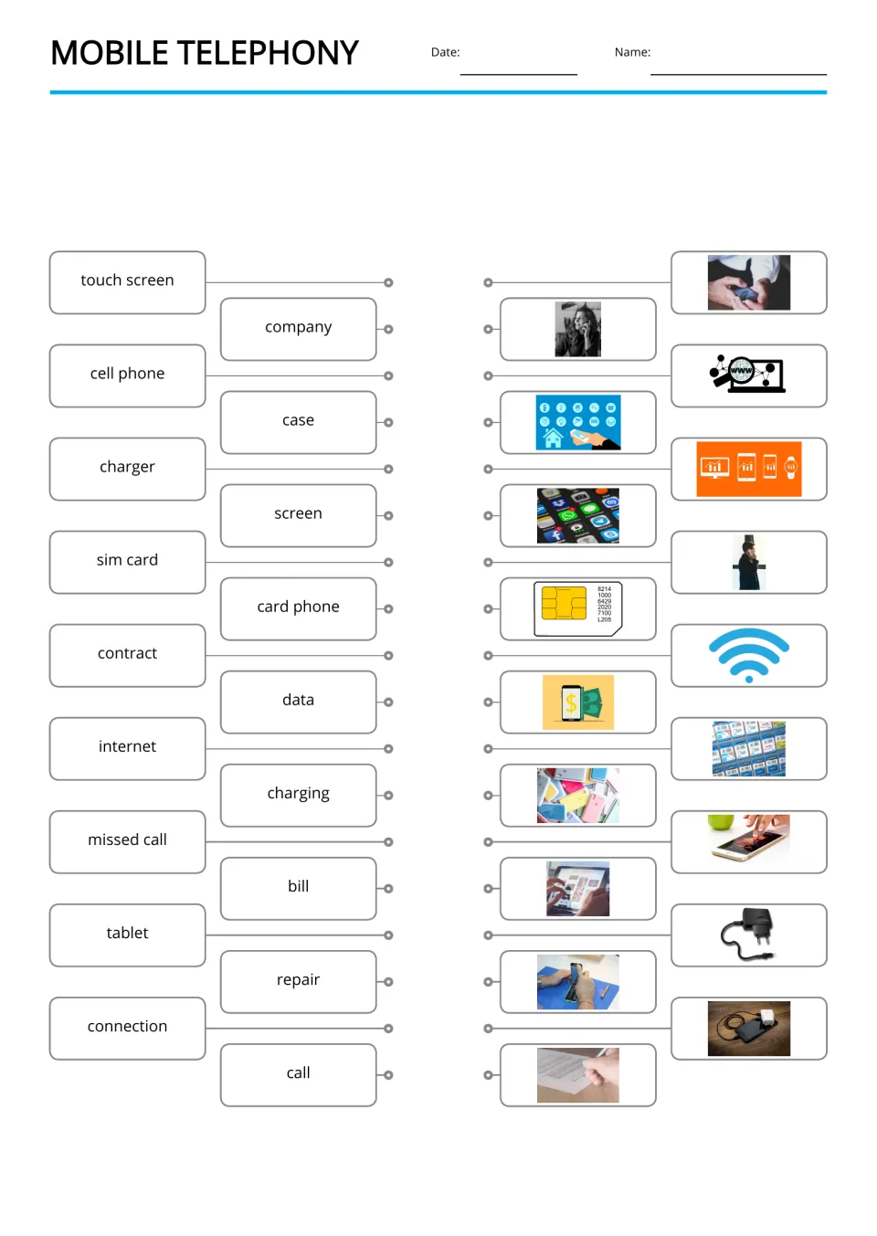 Word-to-picture matching for 18 mobile-phone terms, including touch screen, cell phone, charger, and bill