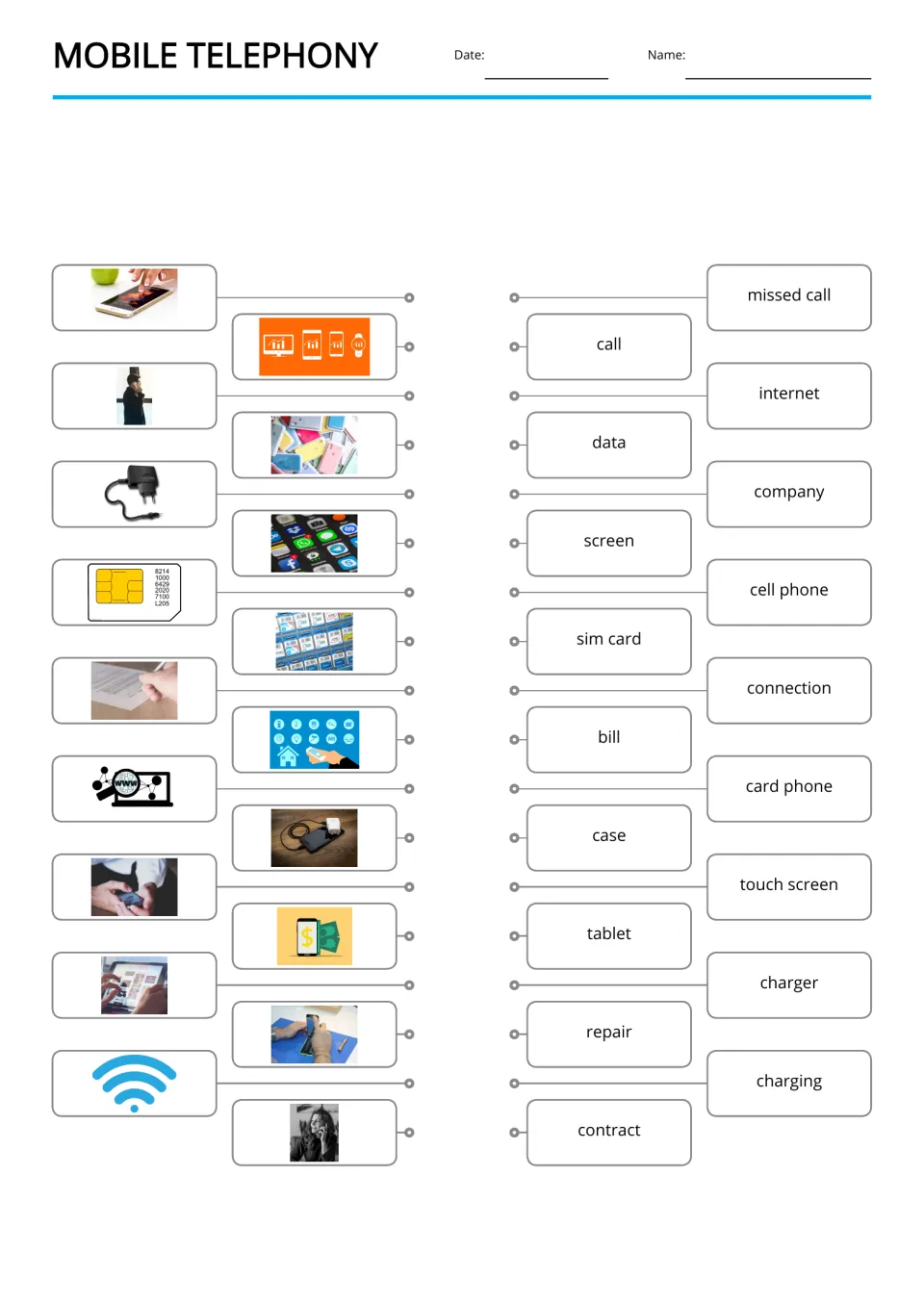Picture-to-word matching for 18 mobile-phone terms, including missed call, internet, data, and contract