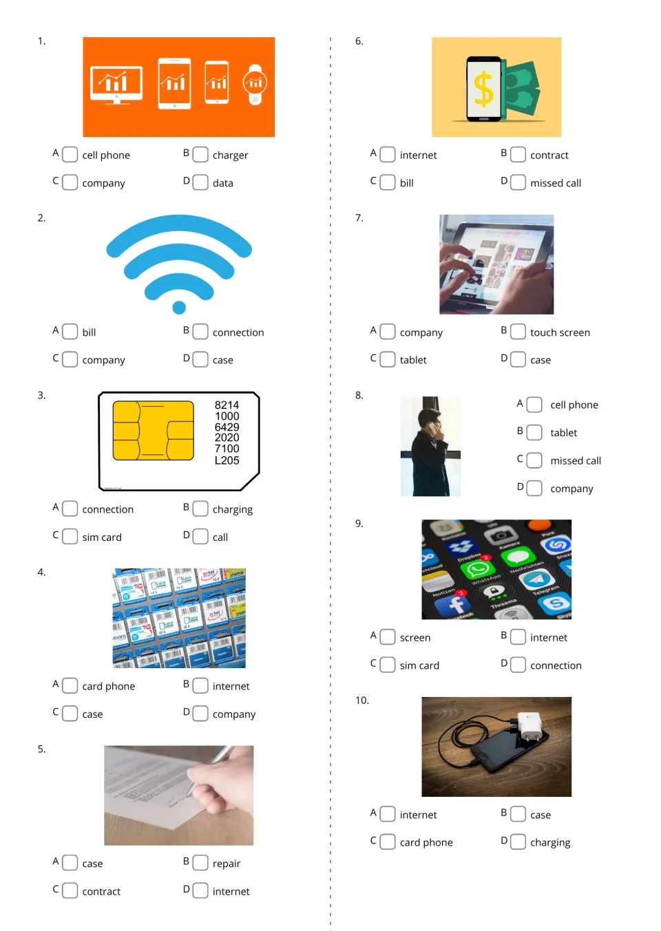 Mobile-phone picture questions 1–10 ask students to choose terms such as SIM card, tablet, and charging