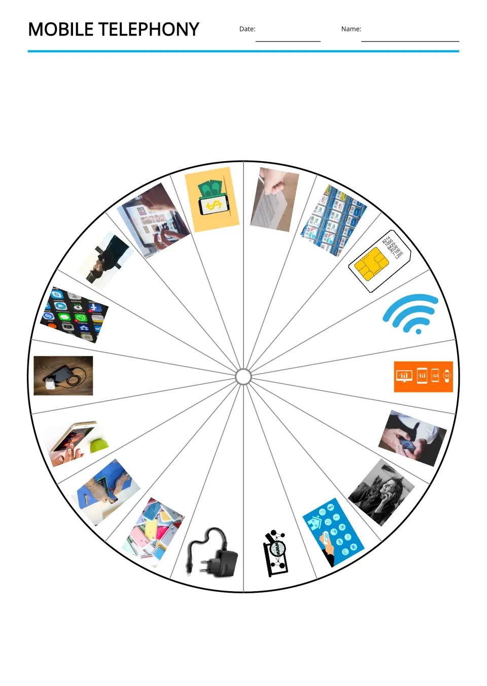 Mobile-phone vocabulary wheel presents pictures for all 18 terms, including bill, tablet, case, and charger