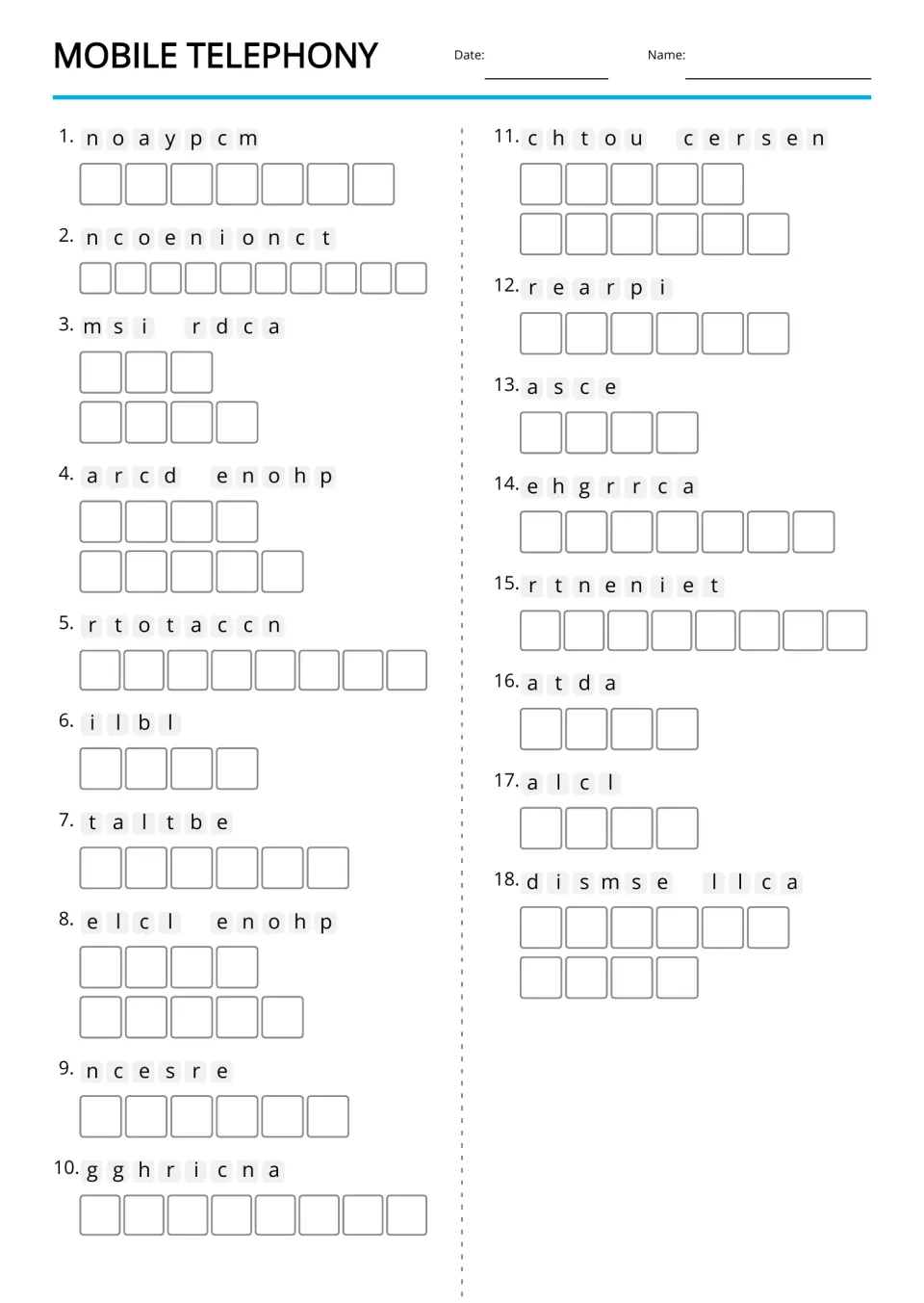 Text-only anagrams revisit all 18 mobile-phone terms, including company, connection, SIM card, and missed call