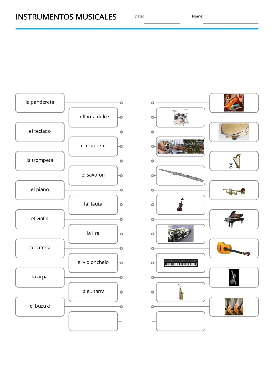 Spanish word-to-picture matching for 15 instruments, including pandereta (tambourine) and flauta (flute)