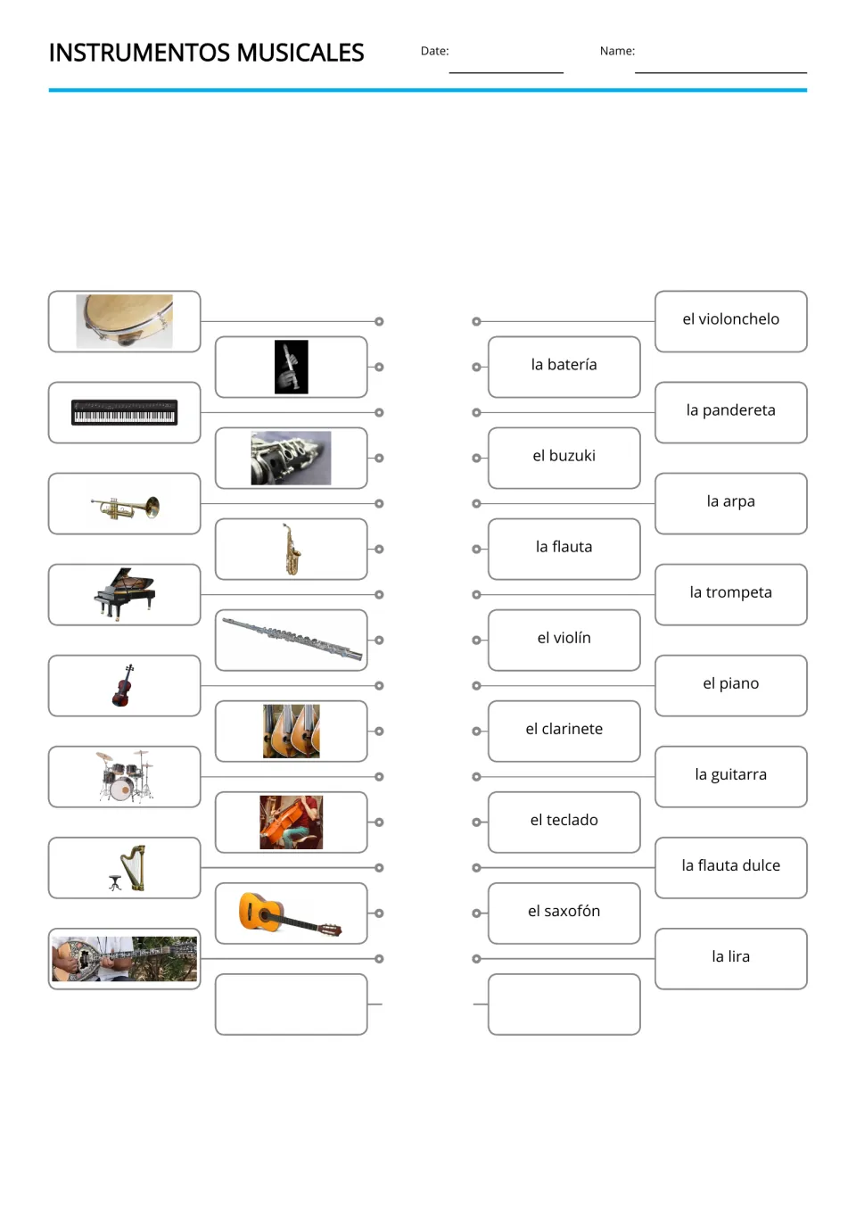 Spanish picture-to-word matching for 15 instruments, including teclado (keyboard) and violín (violin)