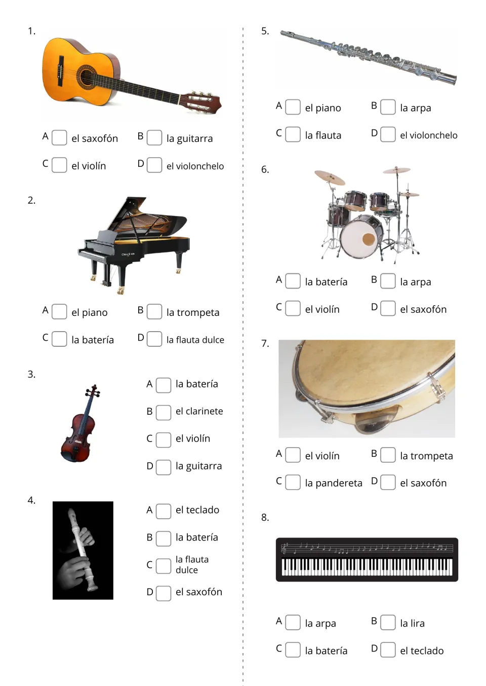 Spanish instrument name choices, items 1–8: guitar, piano, violin, recorder, flute, drums and two more