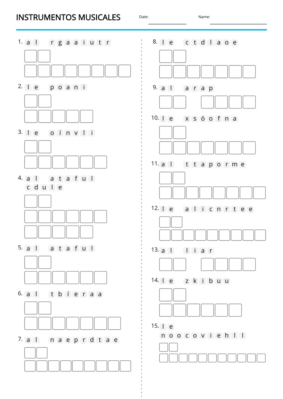 Spanish anagrams without picture clues for 15 instruments, including flauta (flute) and violín (violin)