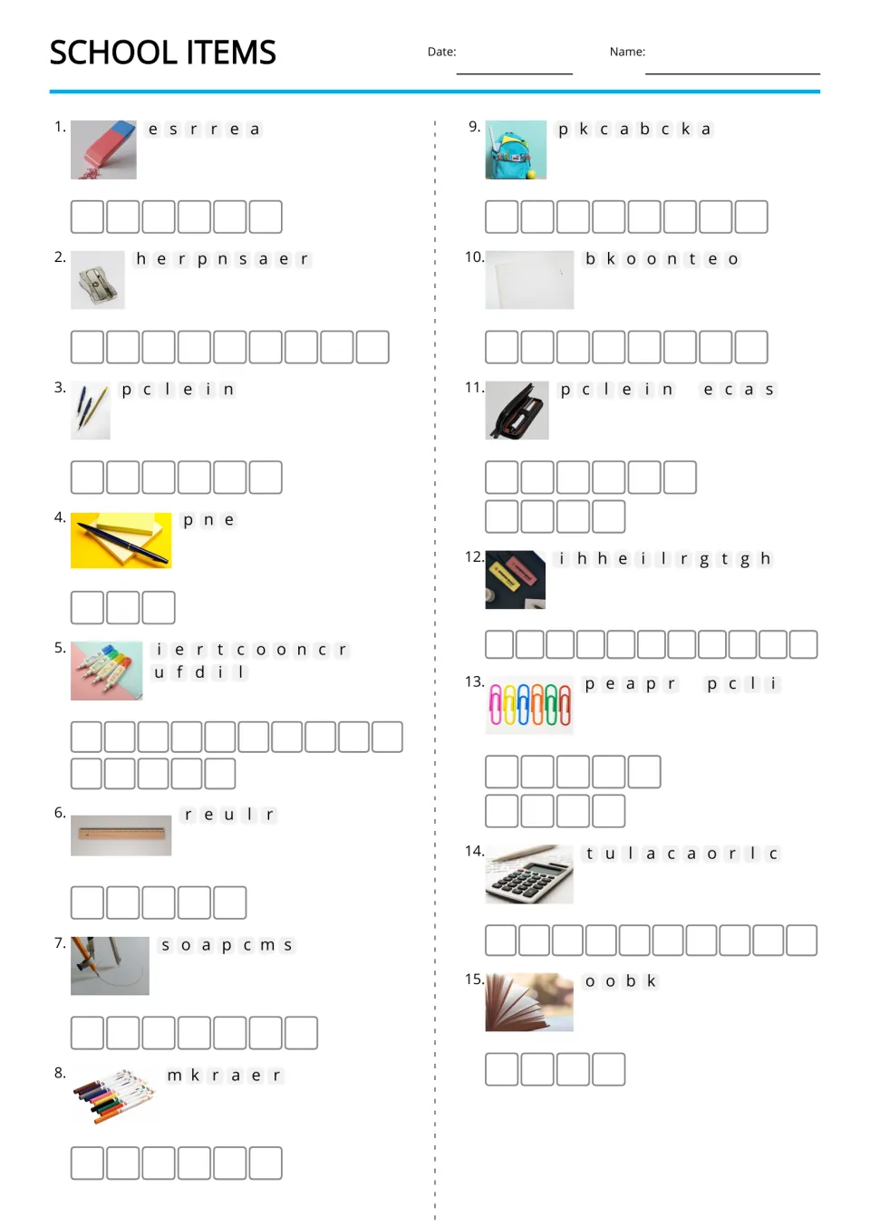 Picture-supported anagrams for 15 school items, including eraser, sharpener, pencil, pen, and backpack