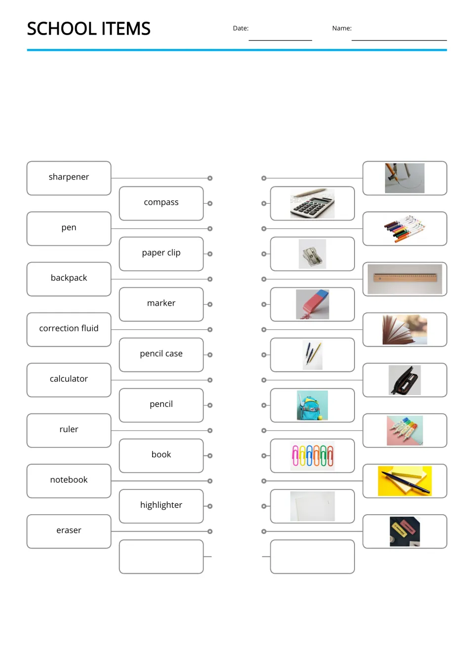School-item matching activity pairs 15 words with photos, including sharpener, pen, backpack, and book