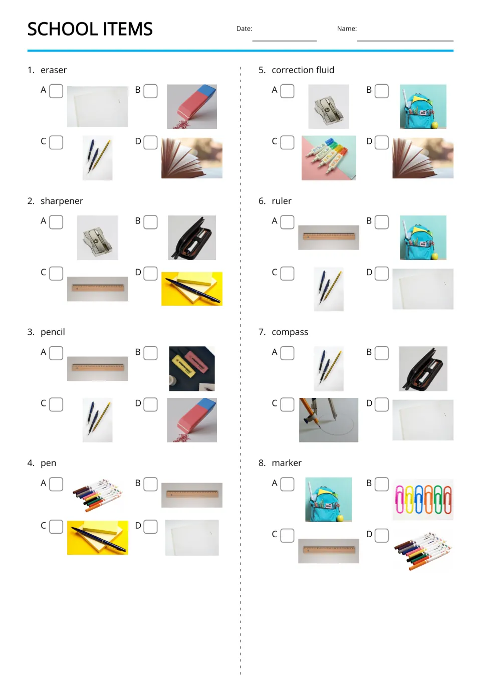 Choose photos for school-item words 1–8: eraser, sharpener, pencil, pen, correction fluid, ruler, compass, marker