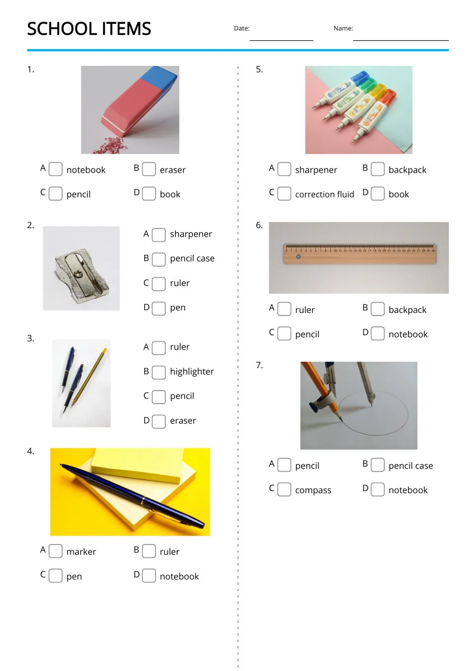 Choose words for school-item photos 1–7: eraser, sharpener, pencil, pen, correction fluid, ruler, compass