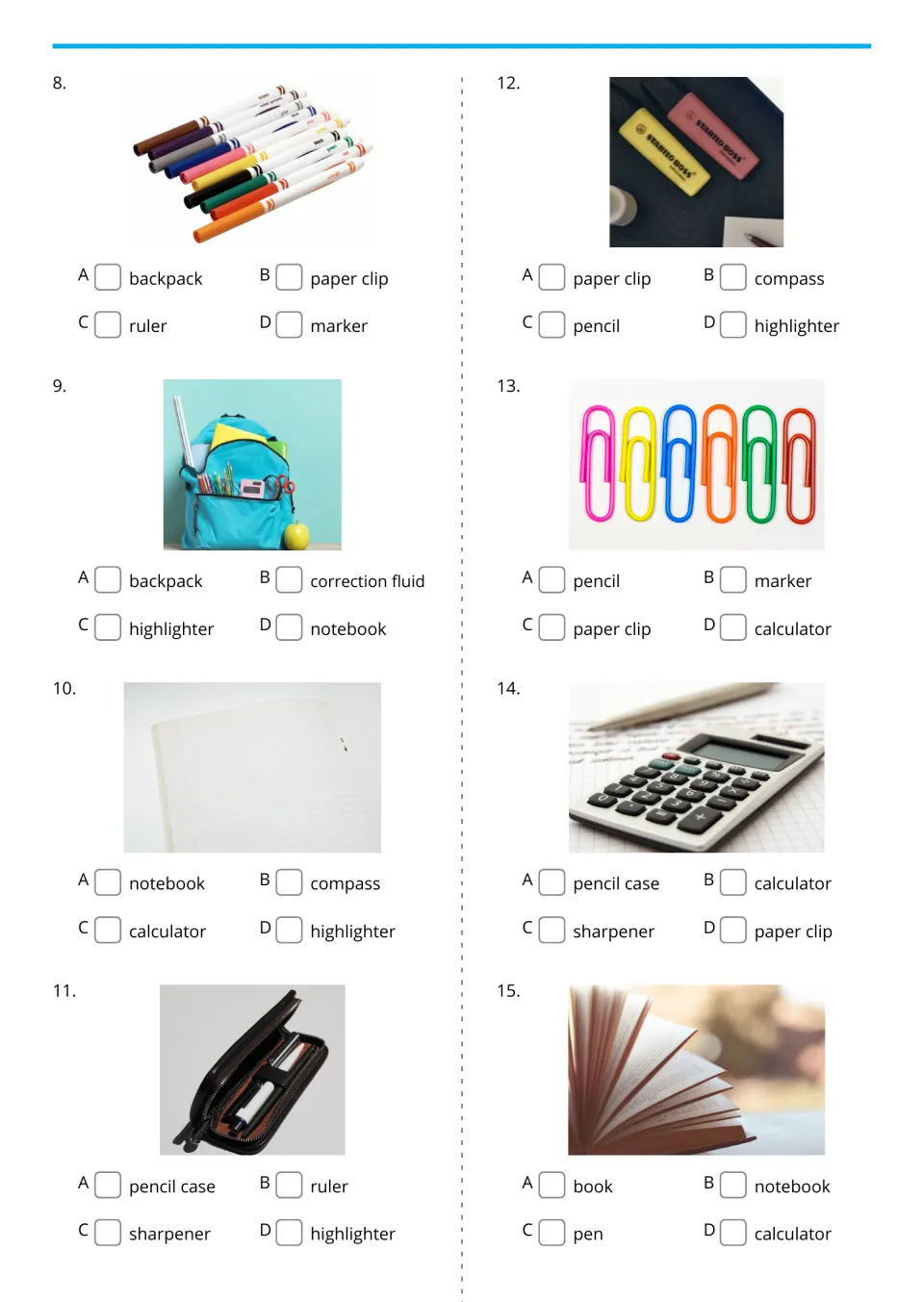 Choose words for school-item photos 8–15, including marker, backpack, notebook, pencil case, and book