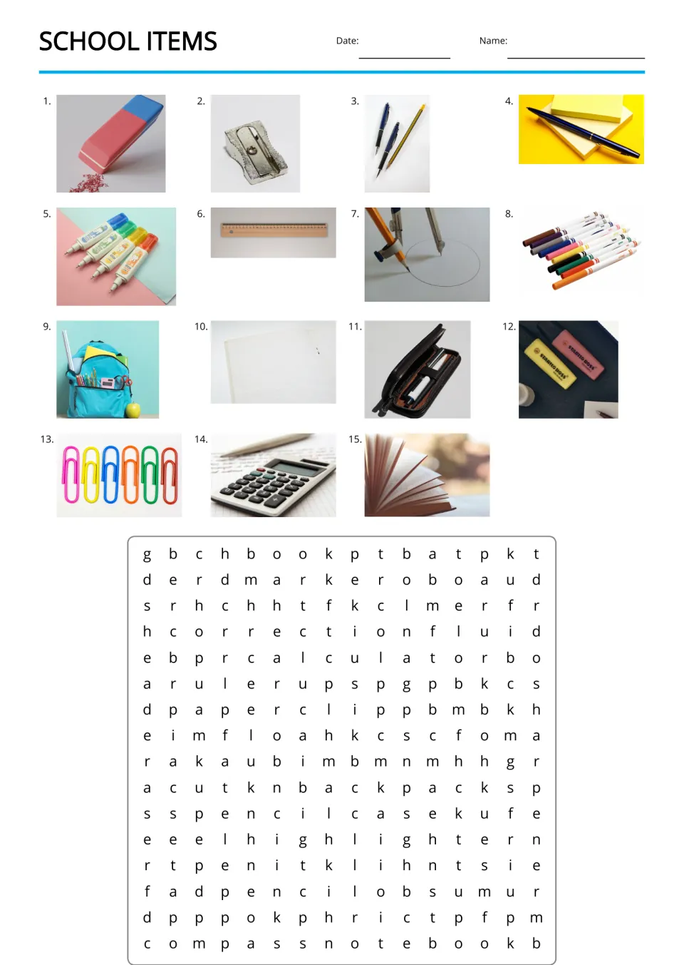 School-item word search uses 15 photo clues for words including eraser, sharpener, pencil, and notebook